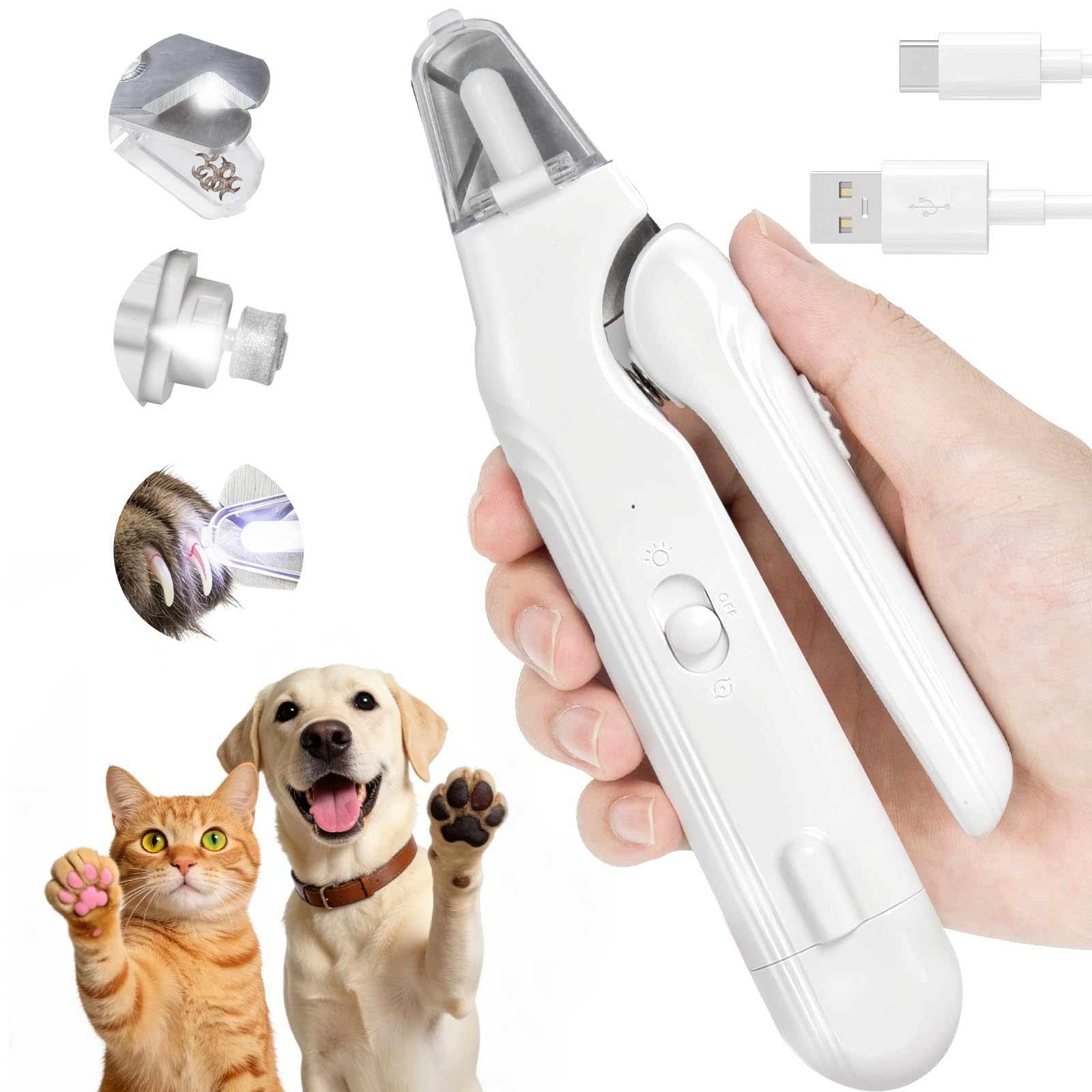 XLMCWT 2-in-1 Dog Nail Clippers with Light - Electric Pet Nail Grinder Quiet for Small Large Dogs & Cats, LED Prevent Over Cutting, USB-C Rechargeable Safety Guard Grooming Kit for Black Nails