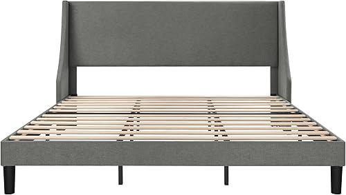 Miniatura 45 de SHA CERLIN Base de cama de plataforma tamaño Queen con cabecero tapizado, elegante diseño de respaldo de alas, soporte de listones de madera