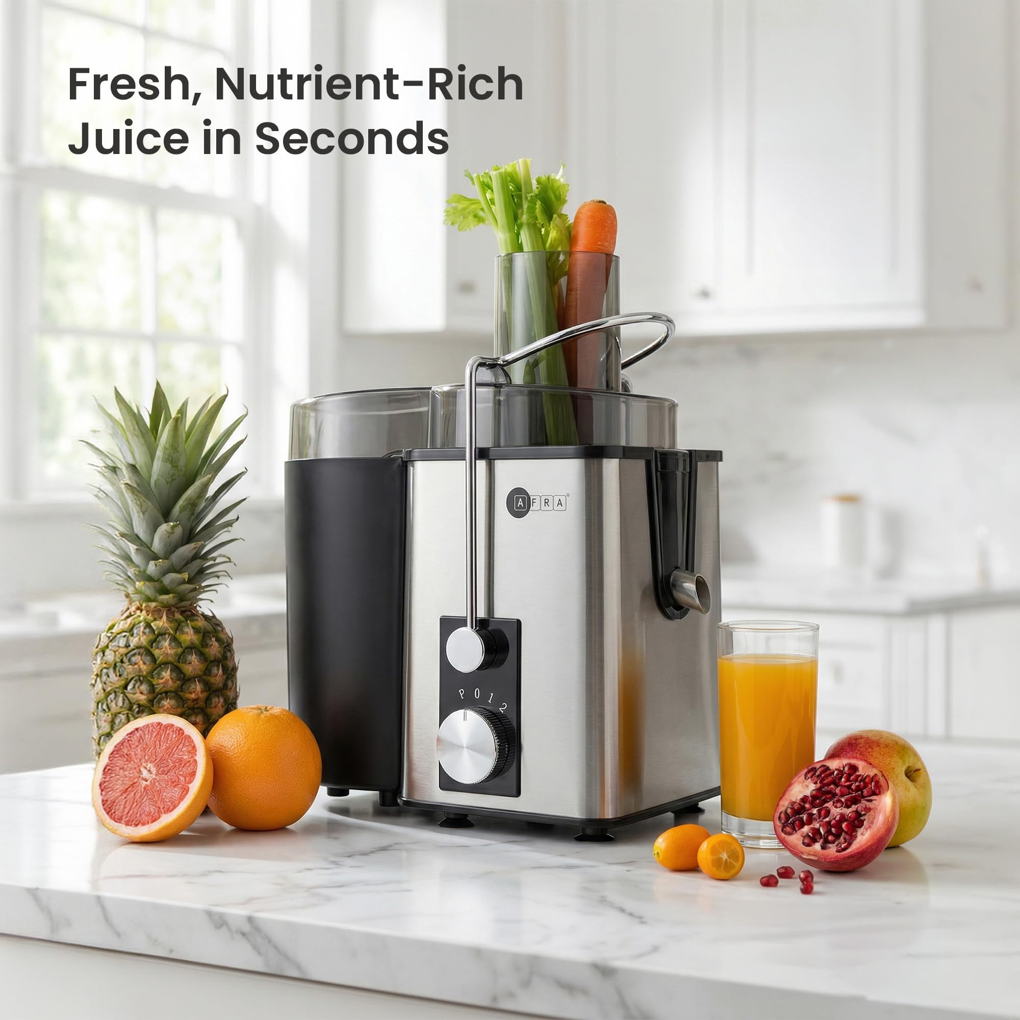 AFRA Presse-agrumes centrifuge 400 W – Extracteur électrique de jus de fruits et légumes avec 2 vitesses et impulsion, goulotte d'alimentation de 65 mm, récipient à pulpe de 1 l, pichet à jus de 550