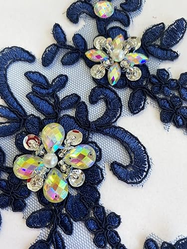 Miniatura 41 de Zbroh Parches de tela de encaje fino bordados con diamantes de imitación bordados, decoración de vestido para coser en lentejuelas cuentas, Azul
