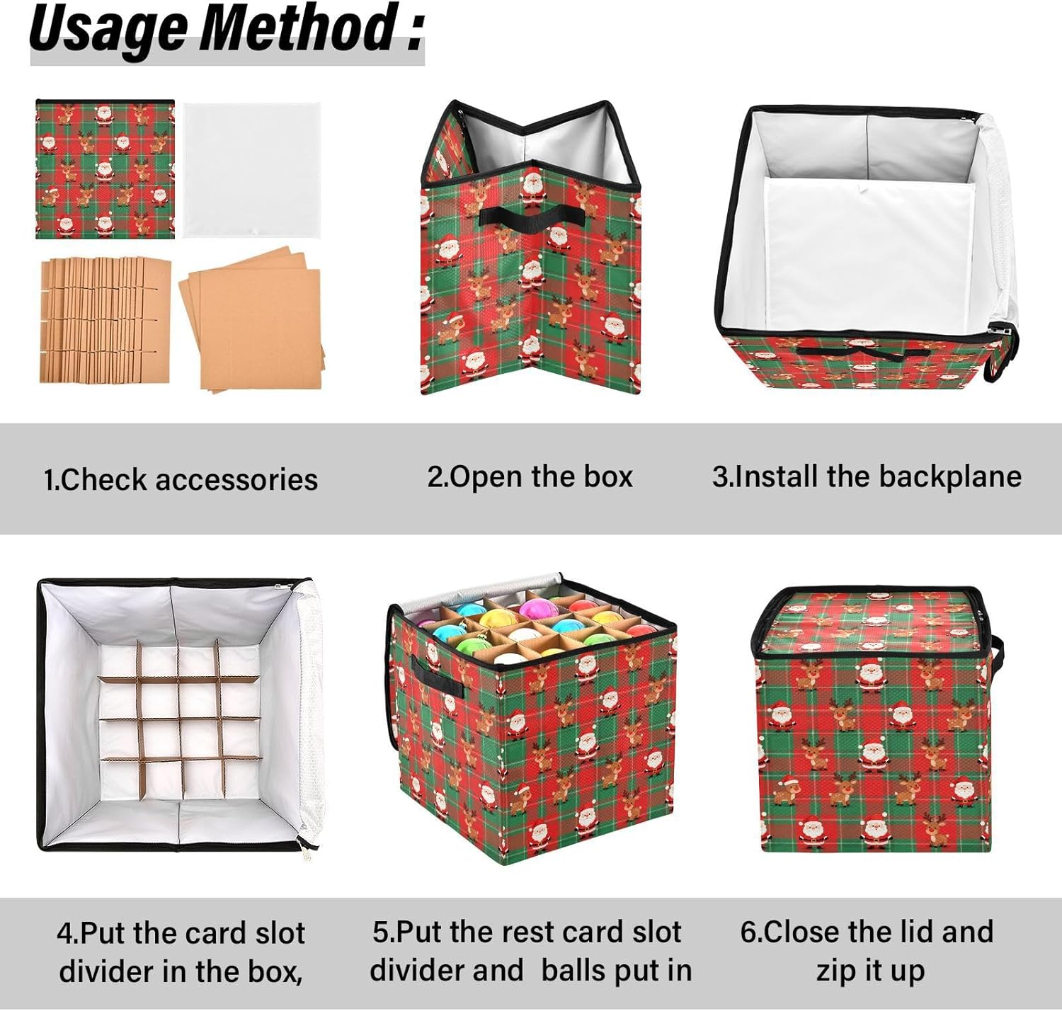 High Capacity Christmas ornament storage bag Holds Up to 64, Zippered Top Large Holiday Storage Case with Lid,Christmas Red Green Plaid Santa Claus Reindeer