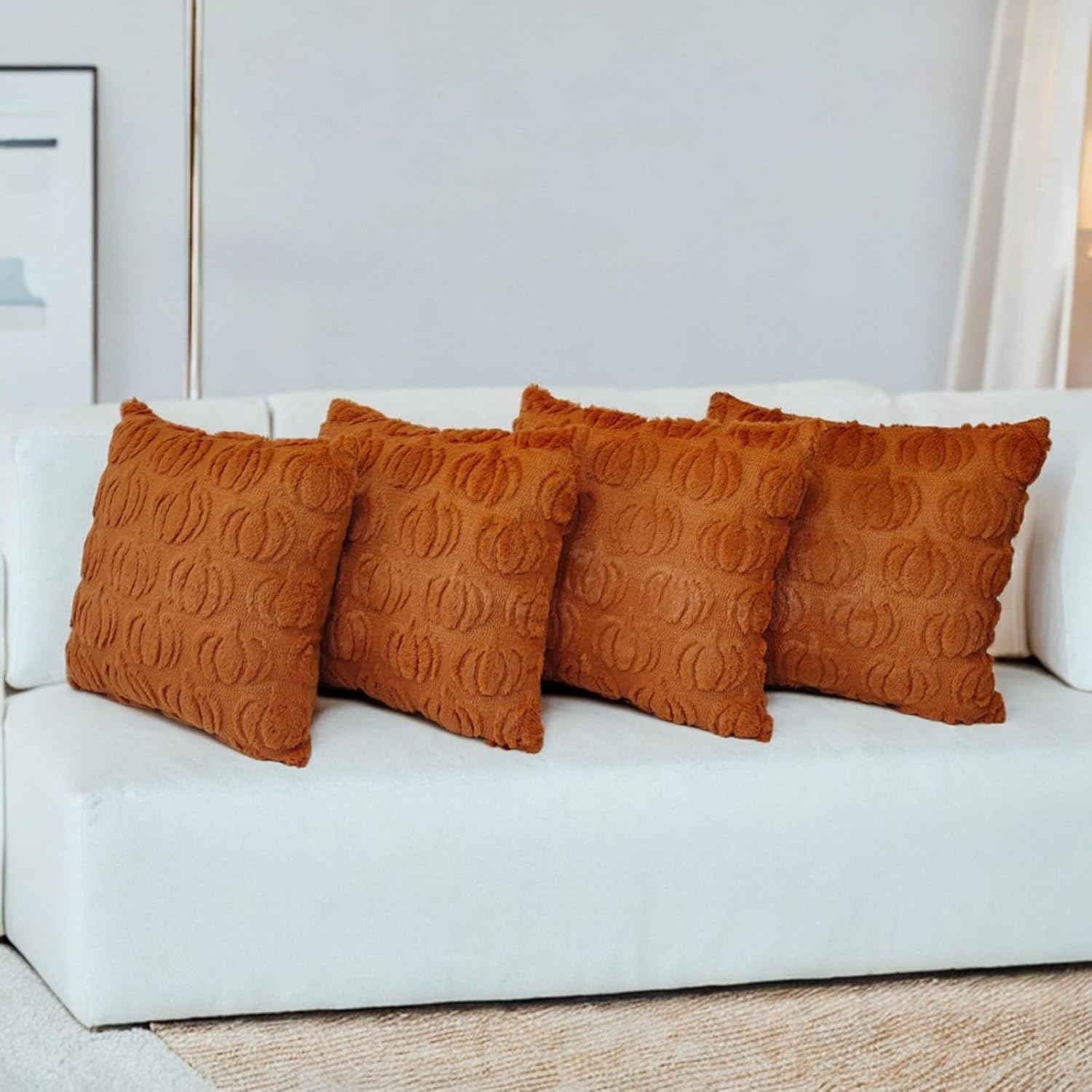 Fall Pumpkin Throw Pillow Covers 16x16 inch Set of 4, Rust Red Autumn Thanksgiving Farmhouse Living Room Soft Fluffy Plush Faux Fur Wool Decorations for Sofa Couch Bed