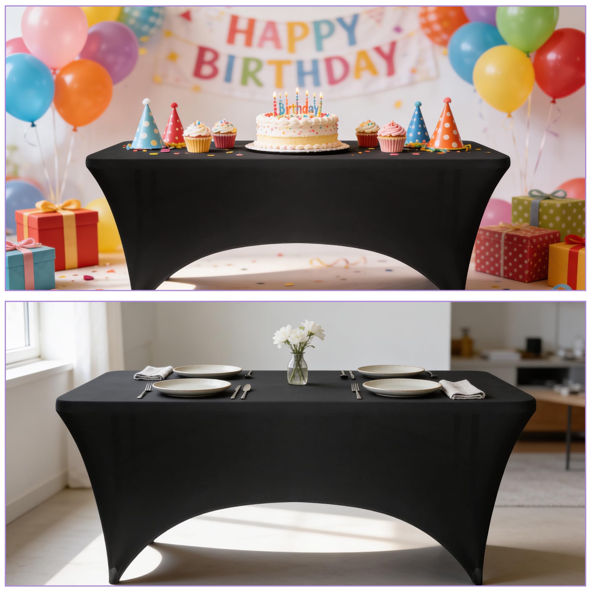 Event Decor Shop Mantel rectangular elástico negro de 8 pies, mantel de elastano elástico resistente para mesas de tartas de boda, bufés de catering, cabinas de DJ y decoración de eventos, 5 unidades