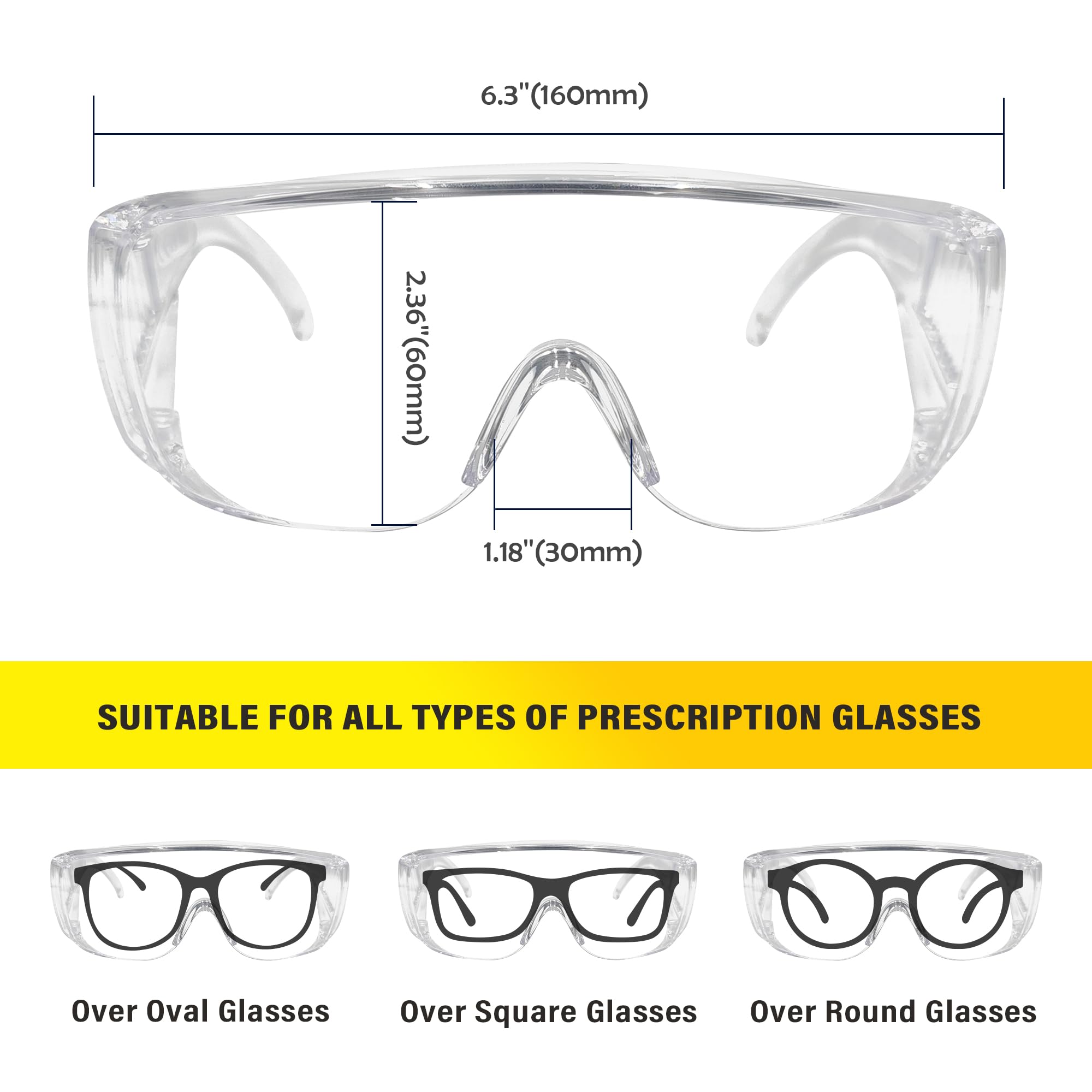 Paquete de 6 lentes de seguridad transparentes sobre lentes, lente de policarbonato resistente a los impactos ANSI Z87.1, gafas de seguridad sobre gafas, gafas protectoras para laboratorio