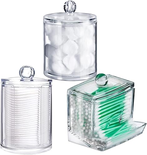 Paquete de 3 dispensadores de hisopos de algodón, juego de dispensador de 81010 onzas, organizador de almacenamiento, frascos de boticario con tapa