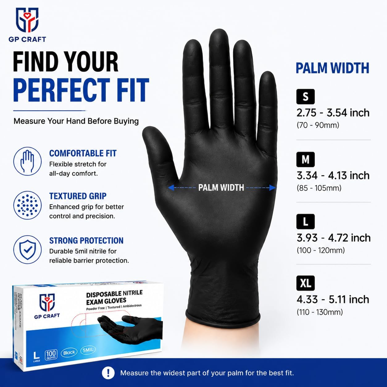 5 Mil Nitrile Gloves Black GP50 - Latex & Powder Free - Disposable - Food Safe - for Cleaning, Food Prep, Nail Tech