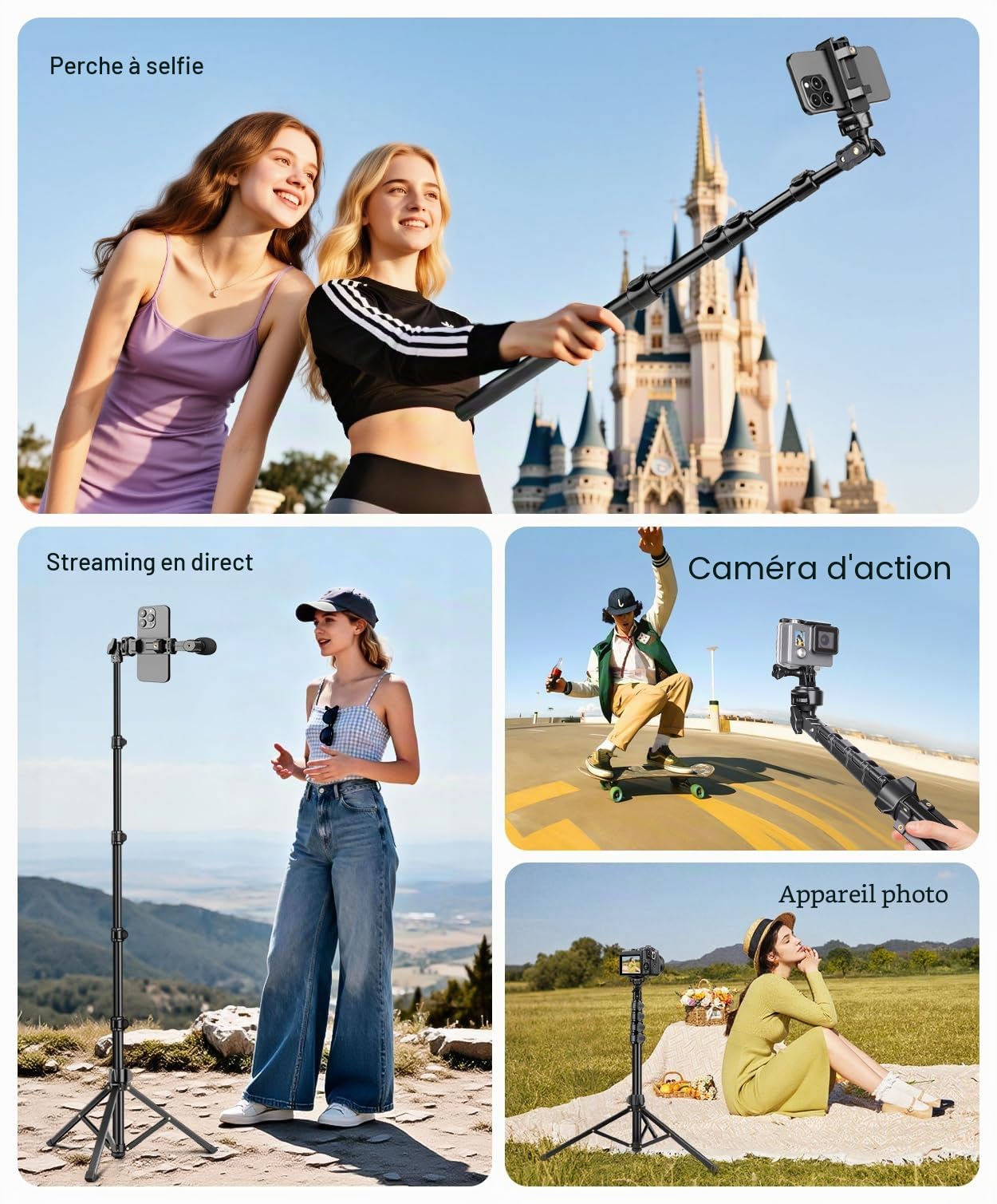 JOILCAN 200cm Trepied Smartphone, Flexibles Trépied Téléphone avec Col de Cygne 25cm & Télécommande, Perche a Selfie Trépied pour iPhone 17/16/Pro Max, Trepied Caméra en Aluminium für DSLR d'action
