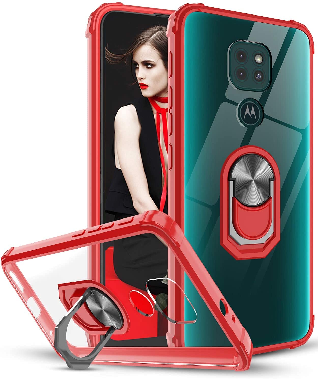 Carcasa protectora Moto G9 Play transparente con anillo parachoques rojo 7