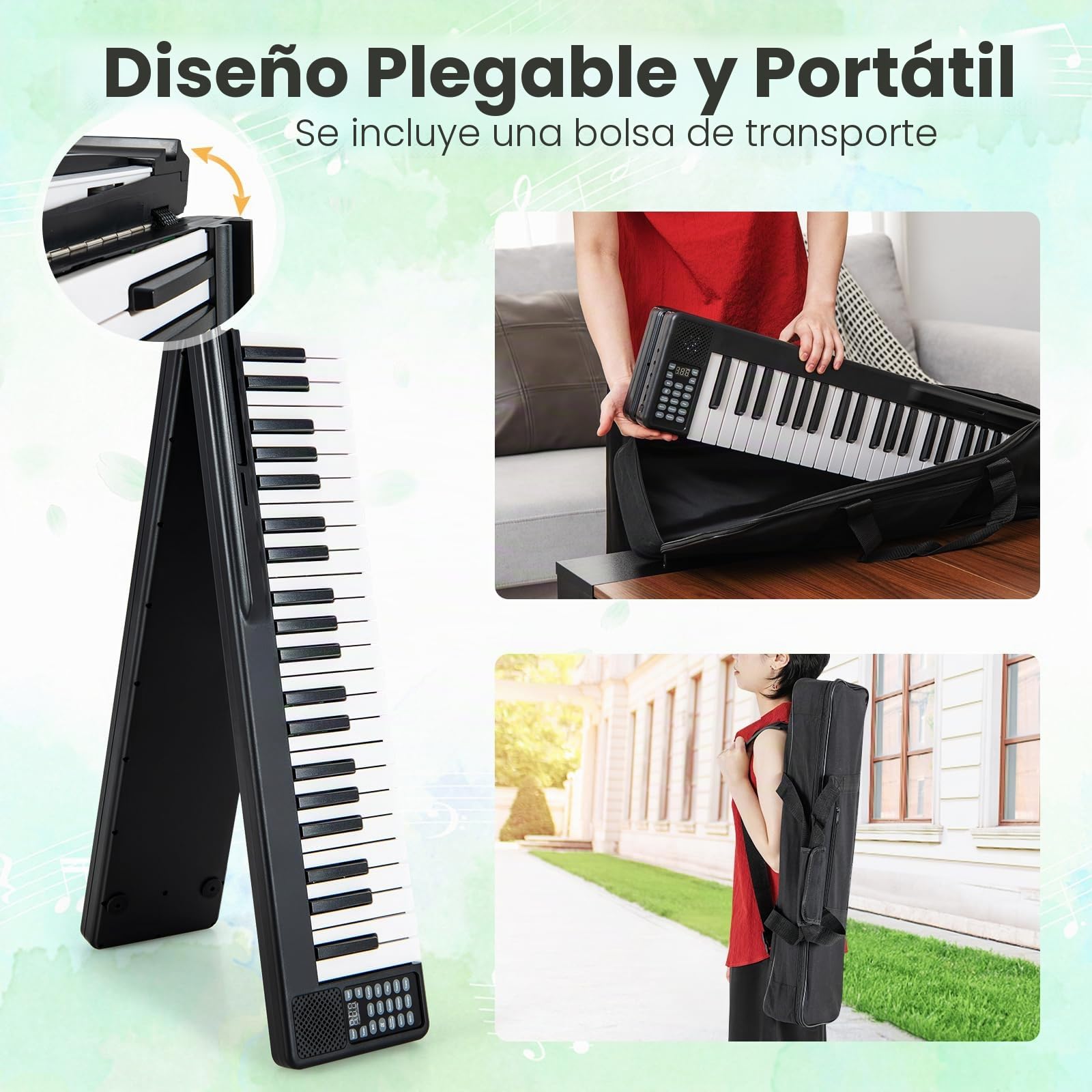 RELAX4LIFE Piano 88 Teclas, Piano Eléctrico Portátil y Plegable con Funda, Piano Electrónico con 15 Canciones, 128 Tonos y Ritmos, USB para Principiantes (Negro)