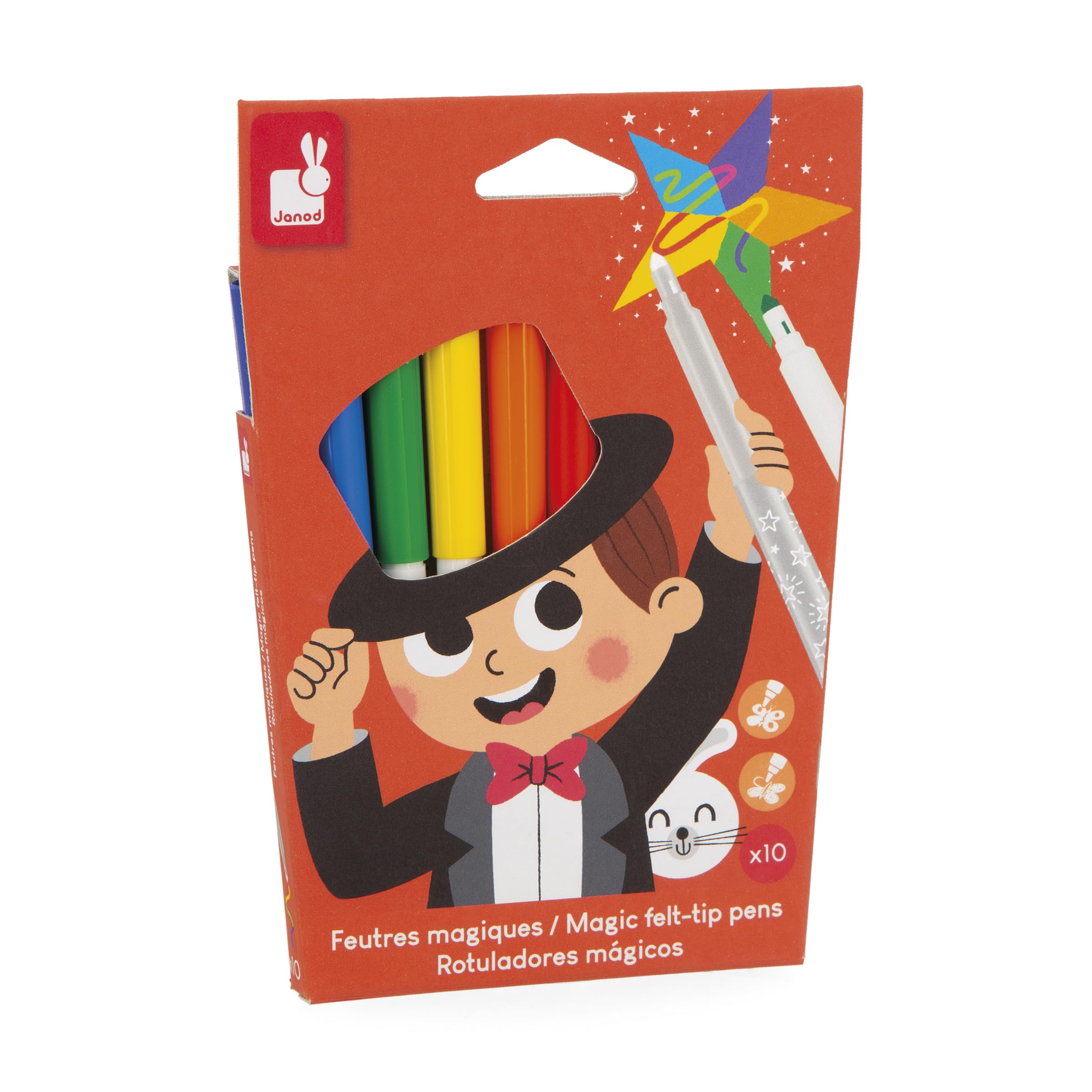 Janod - Set de Coloriage Magique pour Enfants avec Encre Qui Change de Couleur - 8 Feutres + 2 Magiques - Lot de 10 Feutres avec Encre Lavable à l'eau - Coloriage Enfant - Dès 3 Ans - J07413