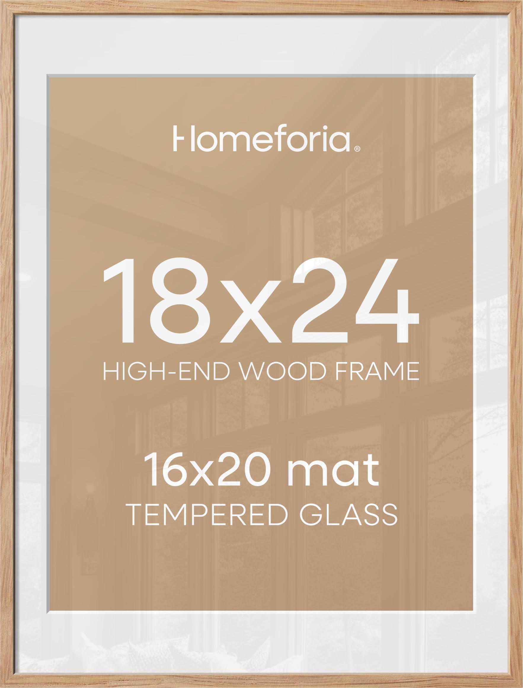 Homeforia 18x24 Poster Frame Wood, High End Natural Oak 18x24 Light Wooden Picture Frame with Mat 16x20, 18 by 24 Frames Matted to 16 x 20 Photo, 24by18 Thin Frames, Tempered Glass, Wall Kit, Set of 2