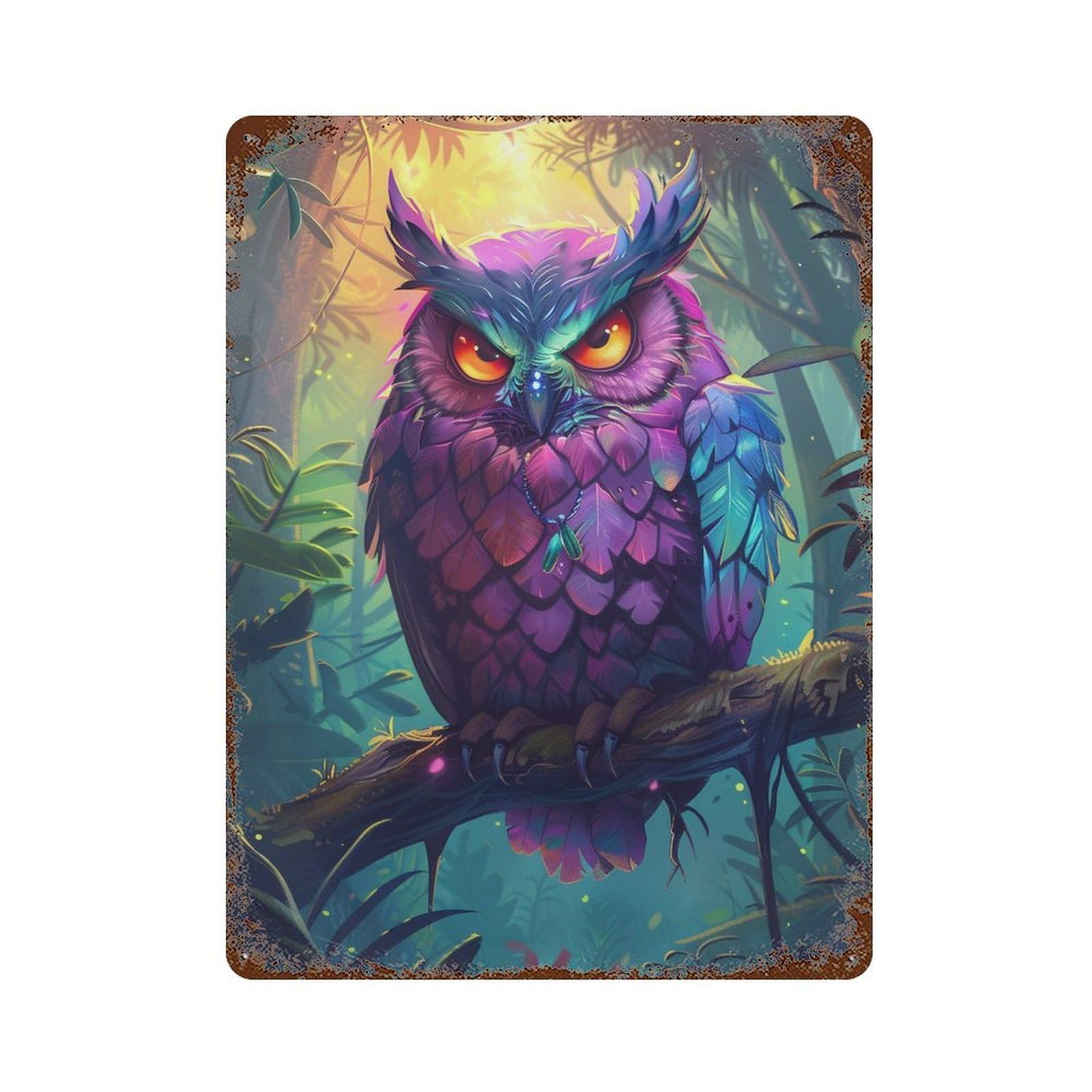 Rust Effect Rainbow Owl Forest Rustic Tin Plaque 15.7"x11.8", Industrial Home Decor for Bistro, Counter And Cafe Decor