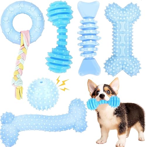 Juguetes para cachorros, paquete de 6 juguetes masticables para cachorros, lindos juguetes azules para perros pequeños, juguetes de dentición para