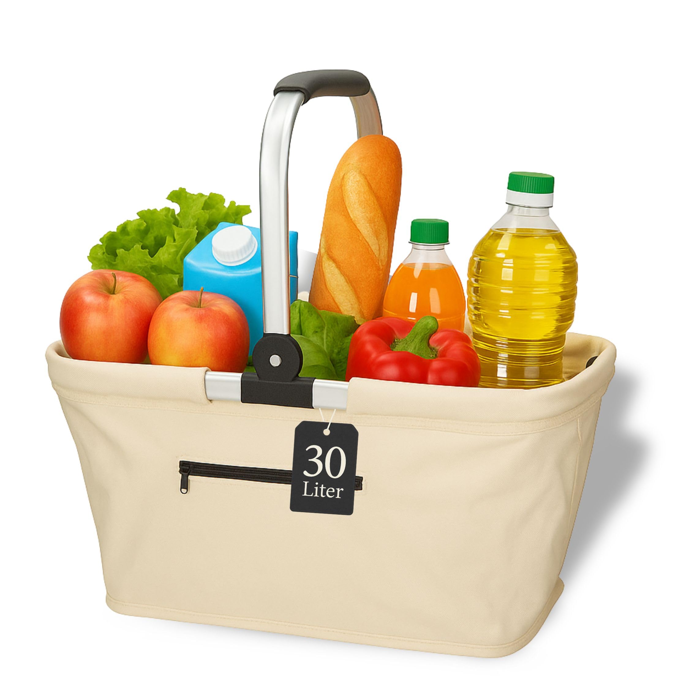 Cesta de la compra 'Carry' – Cesta estable y plegable con asa de marco de aluminio – aprox. 30 l de cesta para compras y excursiones – Bolsa de la compra de poliéster con mango suave, color: beige