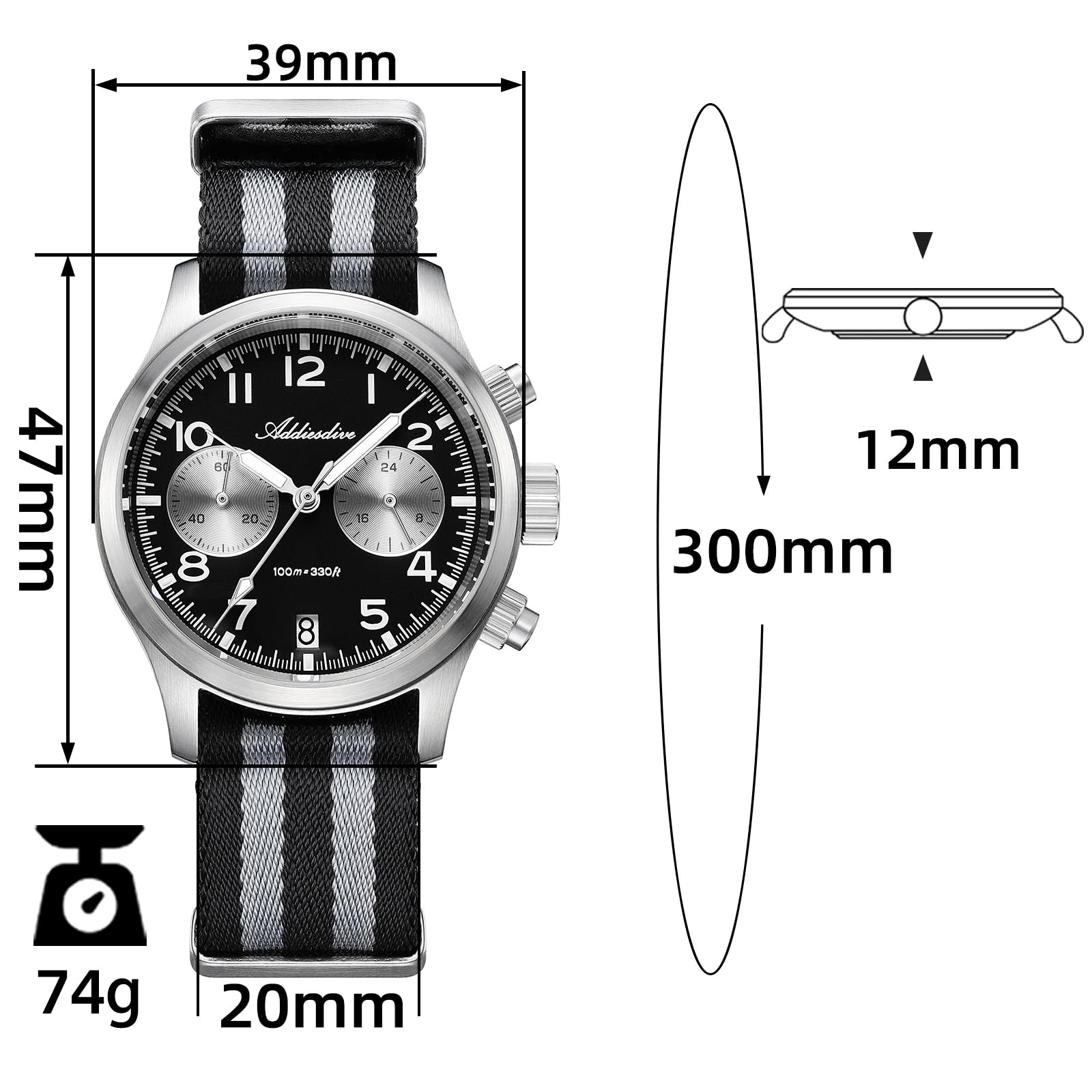 ADDIESDIVE Męski luksusowy zegarek kwarcowy chronograf z mechanizmem VK64 100 m wodoszczelny szafirowe szkło BGW9 Luminous analogowy zegarek z nylonową bransoletką do sportów na świeżym powietrzu