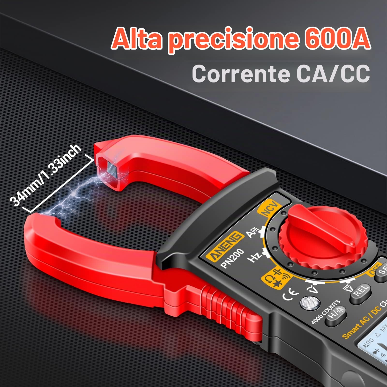 ANENG Multimetro Pinza Amperomtrica PN200,Con Range Automatico TRMS Da 4000 Conteggi Con Strumento Di Rilevamento Della Tensione Senza Contatto,Corrente AC/DC,Tensione,Resistenza,Capacità, Continutà