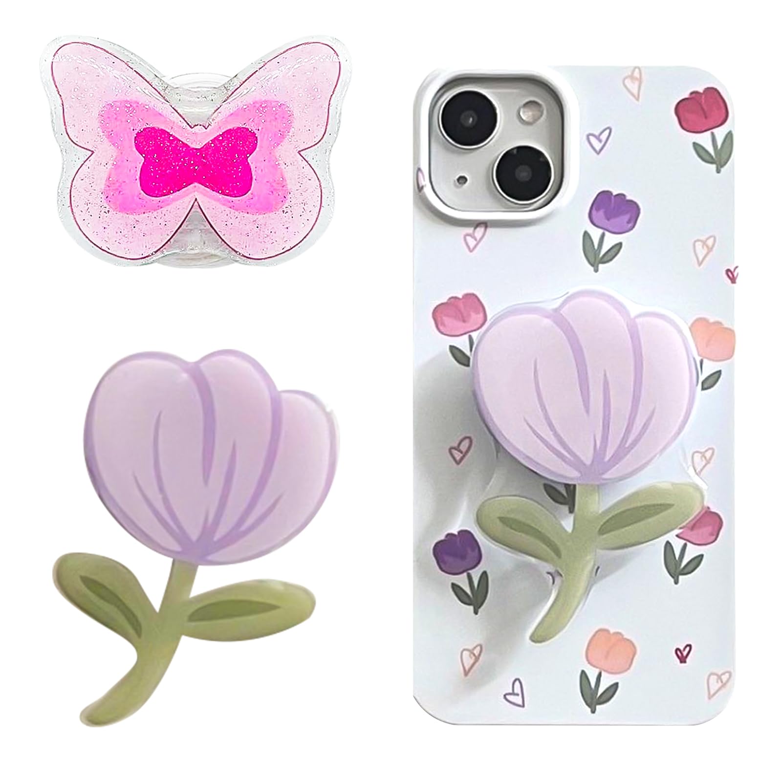 Ethlomoer 2 Pack Butterfly Tulip Phone Grips, Cute Cell Phone Grips, Folding Kindle Stand, Pink Grip and Phone Holder for Smartphones and Tablets