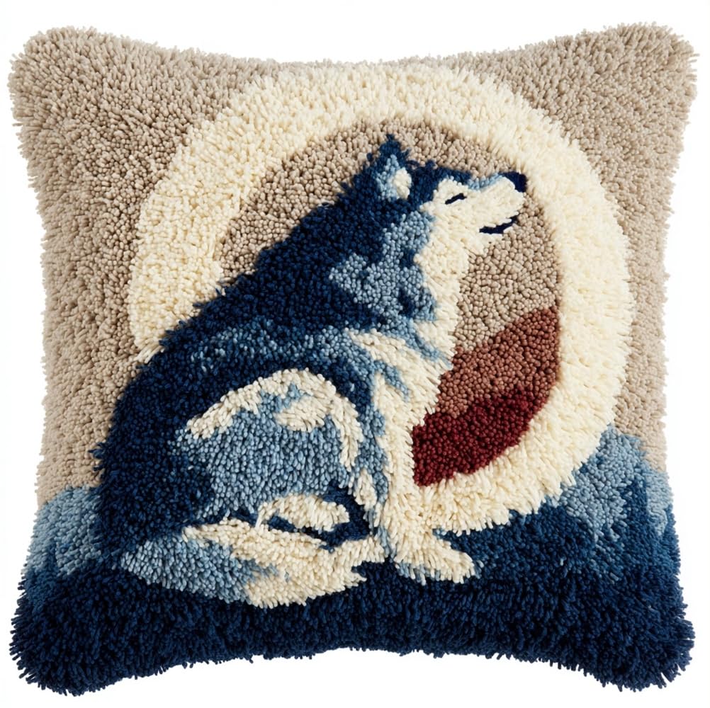 kitphoenix Latch Hook Kits Pillow Moon Wolf DIY Handmade Cushion Crochet Yarn Embroidery Needlework Hook and Latch Kit Pillowcase Rug Cover Home Sofa Christmas Decoration 17X17Inch