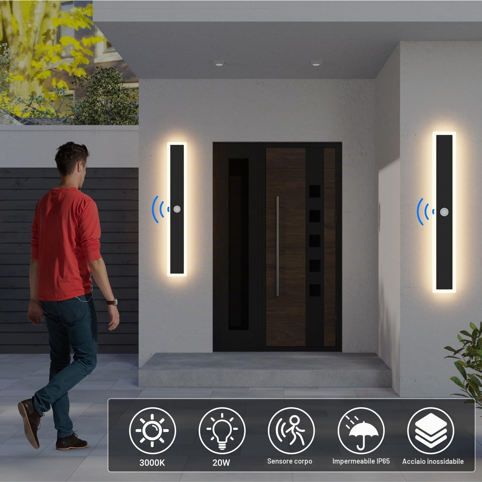 Klighten Led Lunga Applique da Esterno/Interno, Lampada da Parete con Sensore di Movimento 60CM/20W, IP65 Luce da Parete Acciaio inossidabile+Acrilico, per Villa/Terrazzo, Bianco Caldo 3000K, Nero
