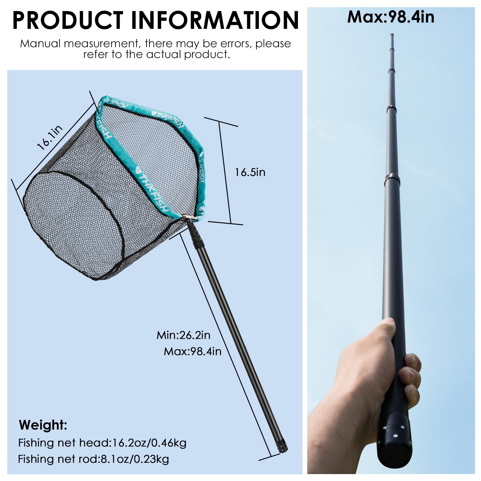 THKFISH Rete da pesca in fibra di carbonio, manico lungo, guadino telescopico portatile, da 68 a 400 cm, telaio in rete di alluminio rivestito in gomma
