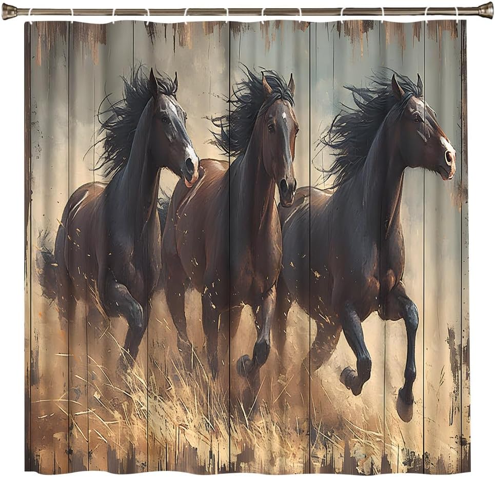 Horse Shower Curtain Farmhouse Animal Western Rustic Vintage Barn Door Wooden Plank Bathroom Curtains Country Farm Theme Bathtub Decor Set with Hooks 70Wx90H Inch