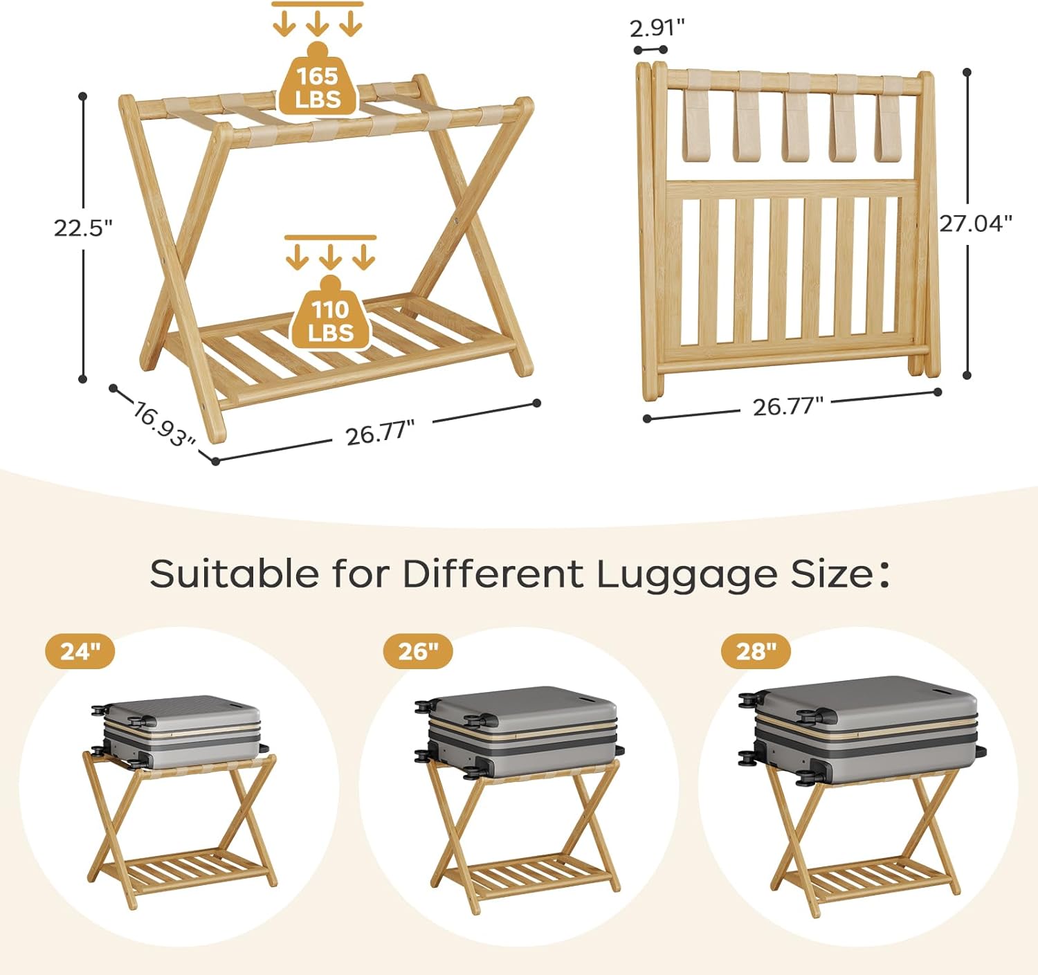 Full Assembled 26.77"L Luggage Rack for Guest Room, Set of 2 Foldable Suitcase Stand with 5 Nylon Straps, Luggage Holder with Shoe Shelf for Suitcases Hotel (Natural Wood Bamboo Luggage Stands) Natural-2 Packs