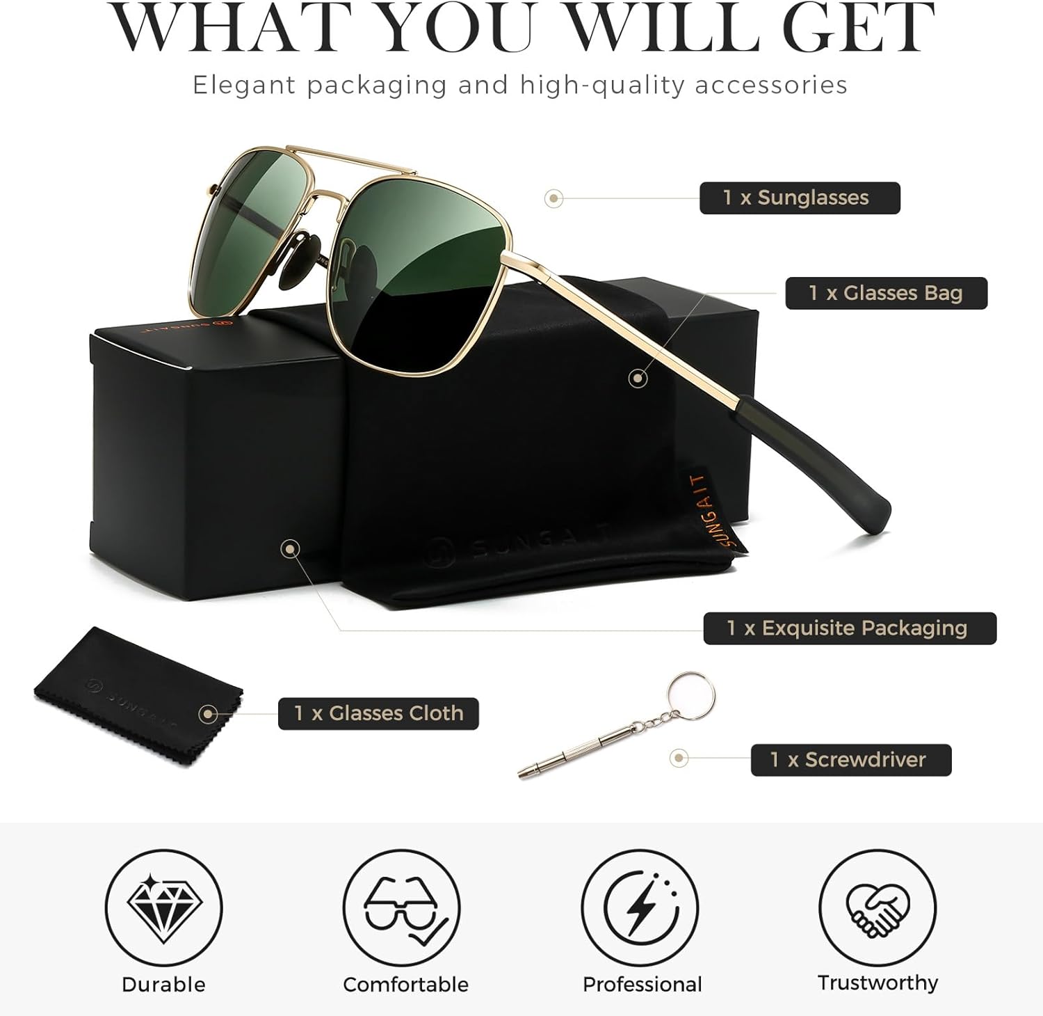 SUNGAIT Premium Military Style Aviator Sunglasses Men Women’s Classic Square Pilot Shades w. Spring Hinge HD Lens - Image 6