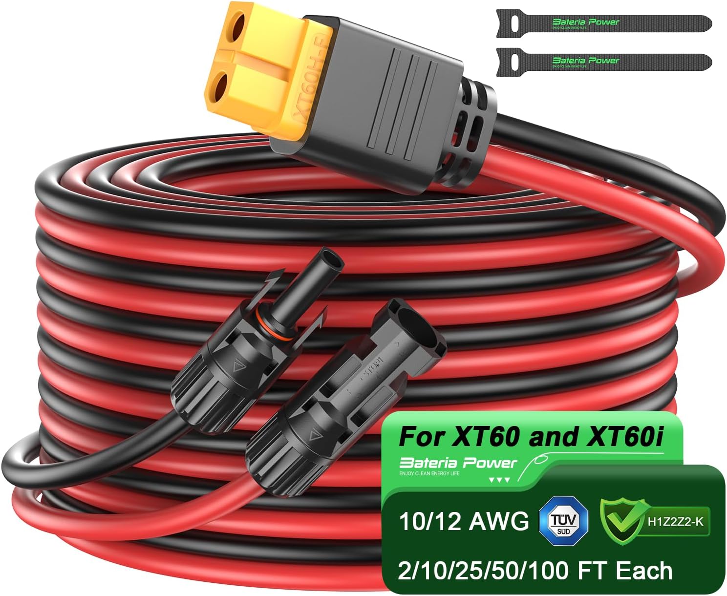 Bateria Power 10FT Solar Connector to XT60 Adapter Extension Cable, 12AWG Solar Panel to XT60 Charge Extension Cable for RV Foldable Solar Panel, Portable Power Station, Solar Generator (1PCS)