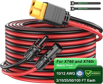Bateria Power 50FT 10AWG Solar Connector to XT60 Adapter Extension Cable, Solar Panel to XT60 Charge Extension Cable for RV Foldable Solar Panel, Portable Power Station, Solar Generator 1PCS