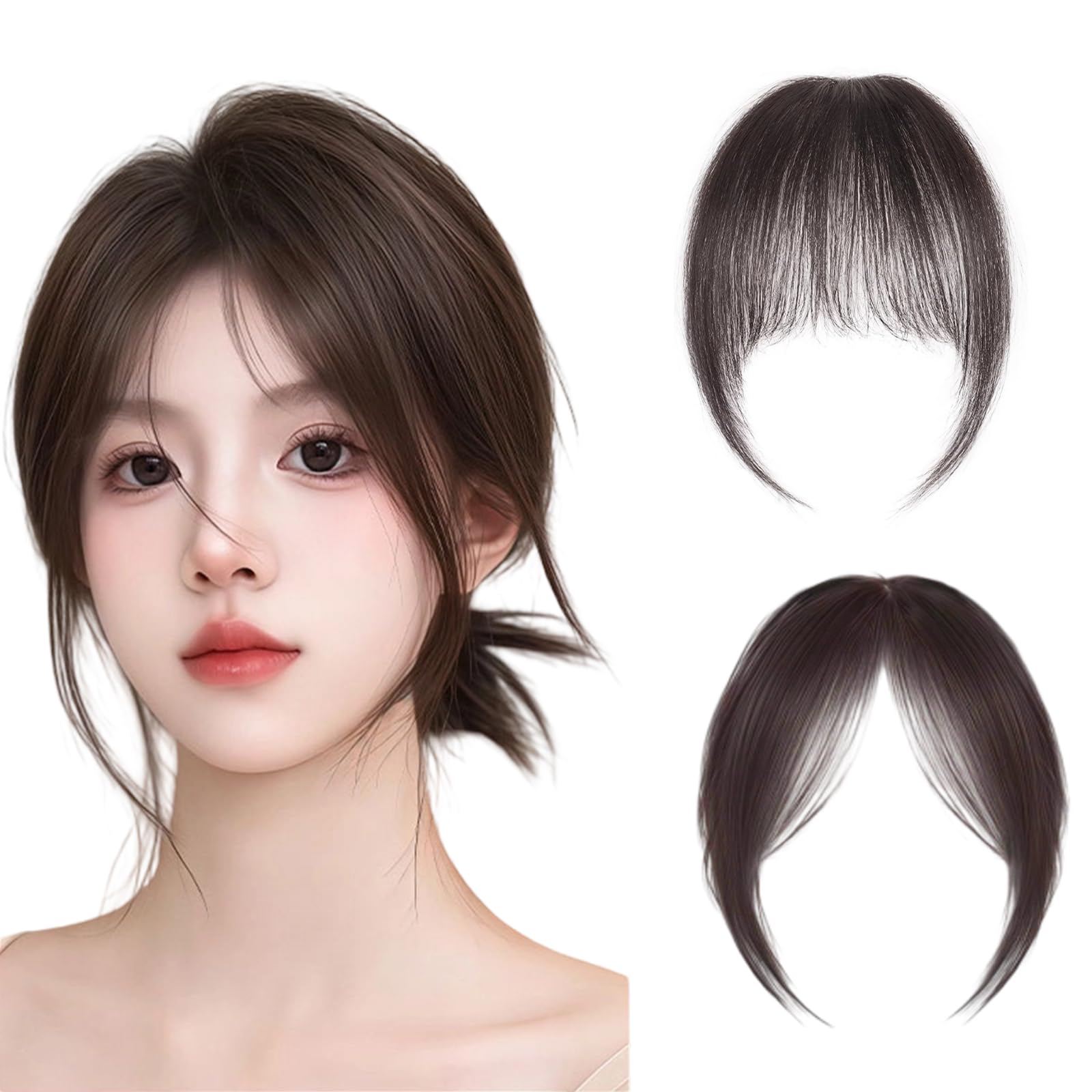 2PCS Hair Extensions for Women Black, Clip in Bangs Hair Extensions for Women, Front Hair Patch for Womens, Human Hair Extension for Women, Fake Bangs for Daily Styling and Special Occasions