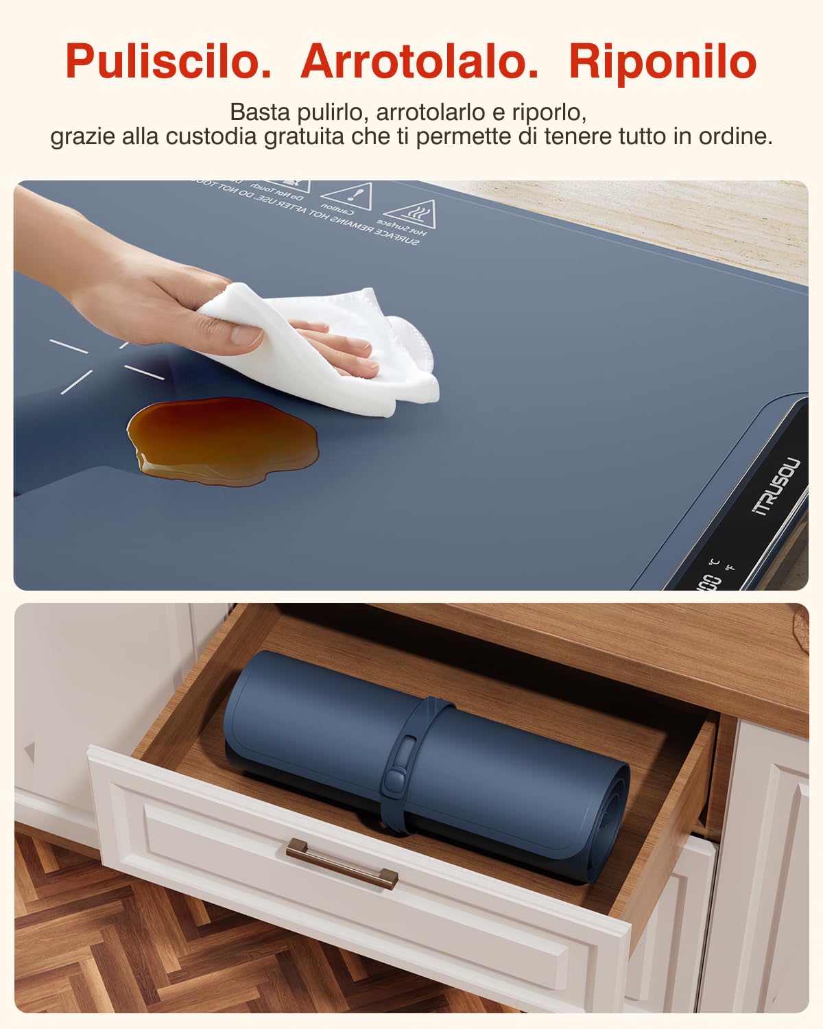 Scaldavivande, vassoio riscaldante, arrotolabile e portatile,Nano-materiale in silicone premium, Piastra Riscaldante per Alimenti iTRUSOU, Tappetino Elettrico con Timer 1-99H, 7 Temperature