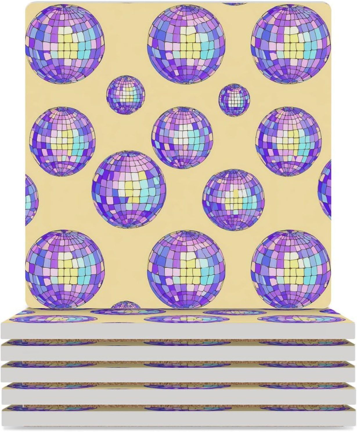 Disco Ball Print Coaster for Drinks Square Ceramic Table Coasters Stone Mat Crafts 6PCS Home Kitchen Decor