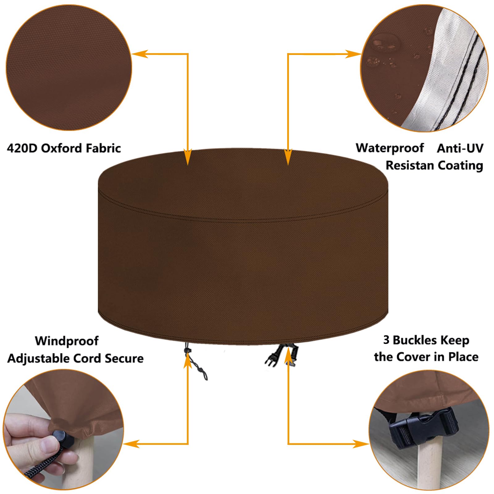 Abdeckung für Gartenmöbel Rund 160x90cm(ØxH),Gartentisch Abdeckplane Wasserdicht Winddicht Anti-UV 420D Oxford Gewebe Schutzhülle,für Loungemöbel Sitzgruppe Balkonmöbel,Terrassenmöbel-Braun