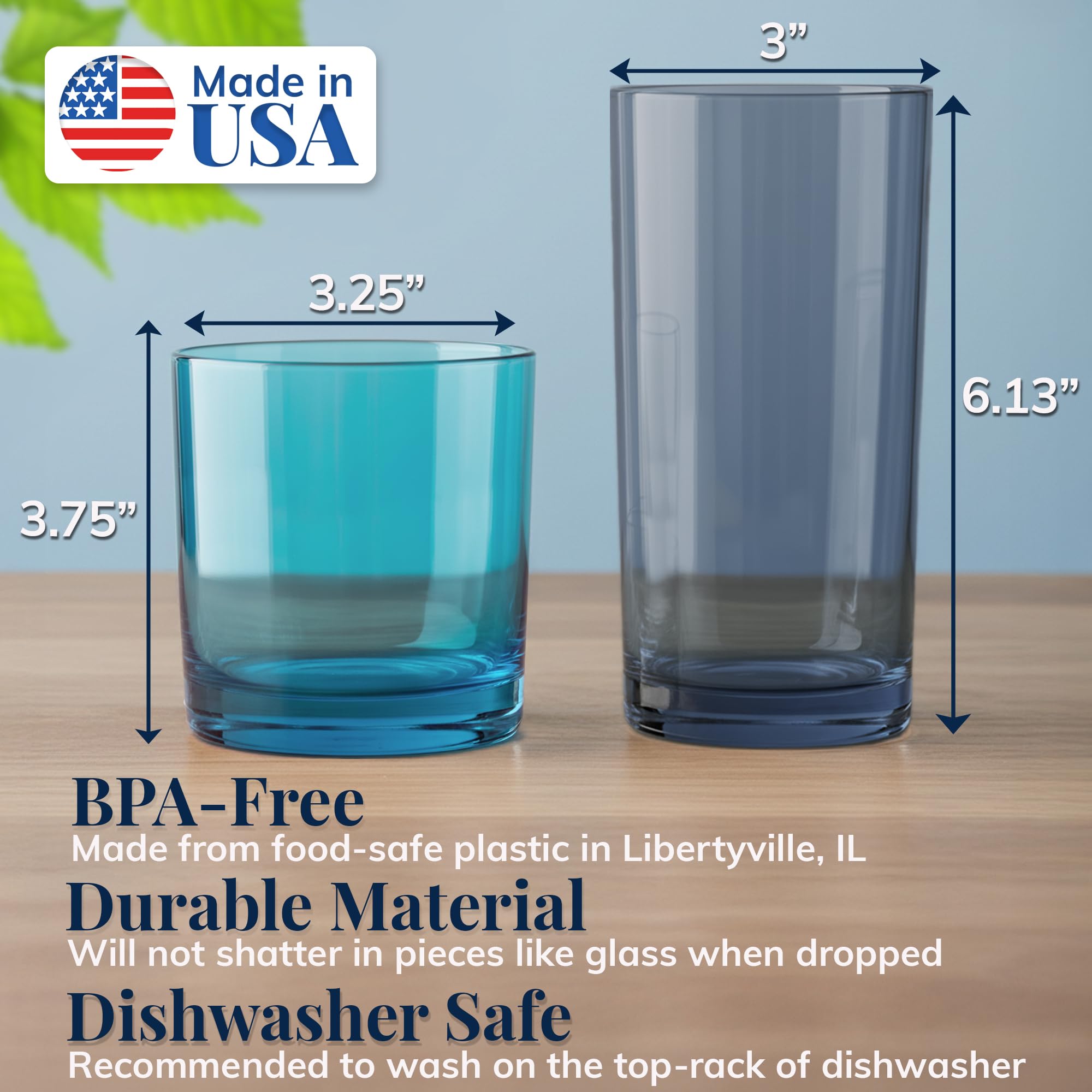 US Acrylic Vasos clásicos reutilizables de plástico (juego de 8) rocas de 12 onzas y vasos de agua de 16 onzas en colores costeros, vasos sin BPA, fabricados en Estados Unidos, aptos para lavavajillas