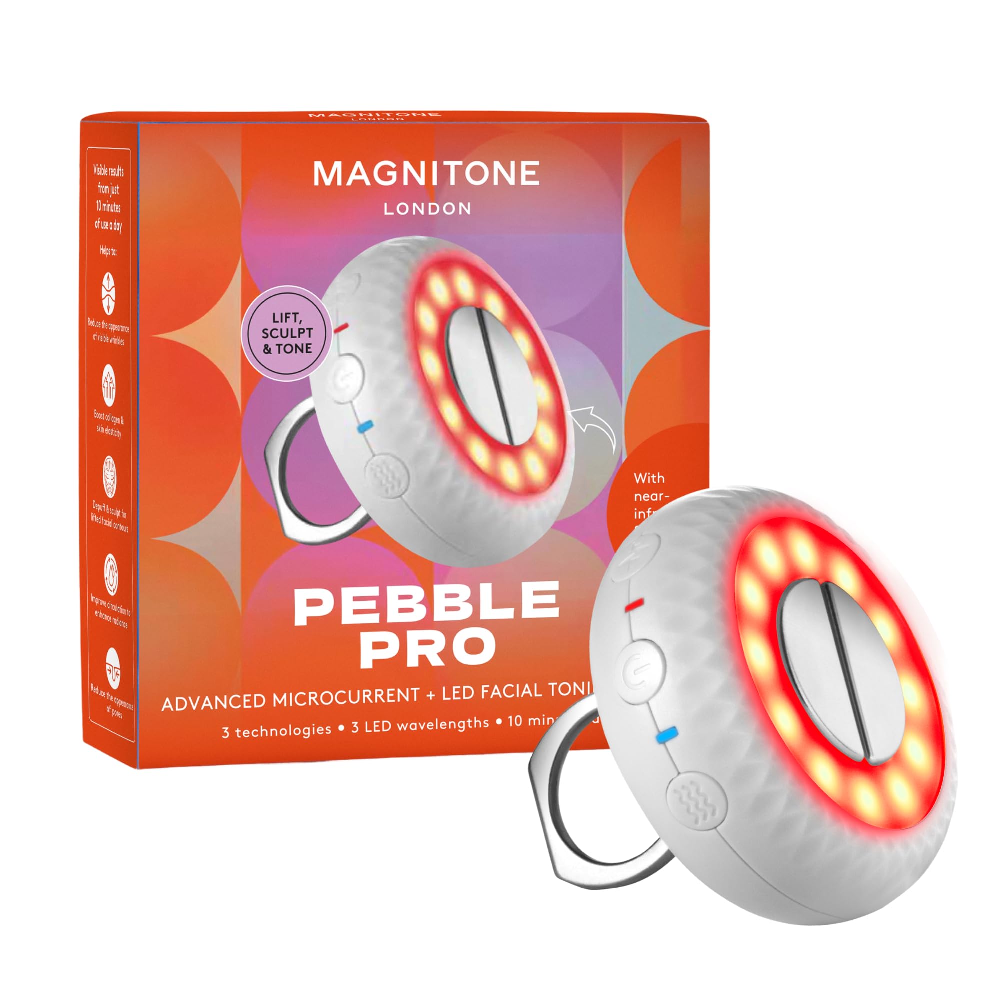 Magnitone Pebble Pro Advanced - Dispositivo de tonificación facial - Terapia de microcorriente y luz LED (rojo, azul, infrarrojo cercano) - Escultura facial, herramienta antiarrugas y reafirmante