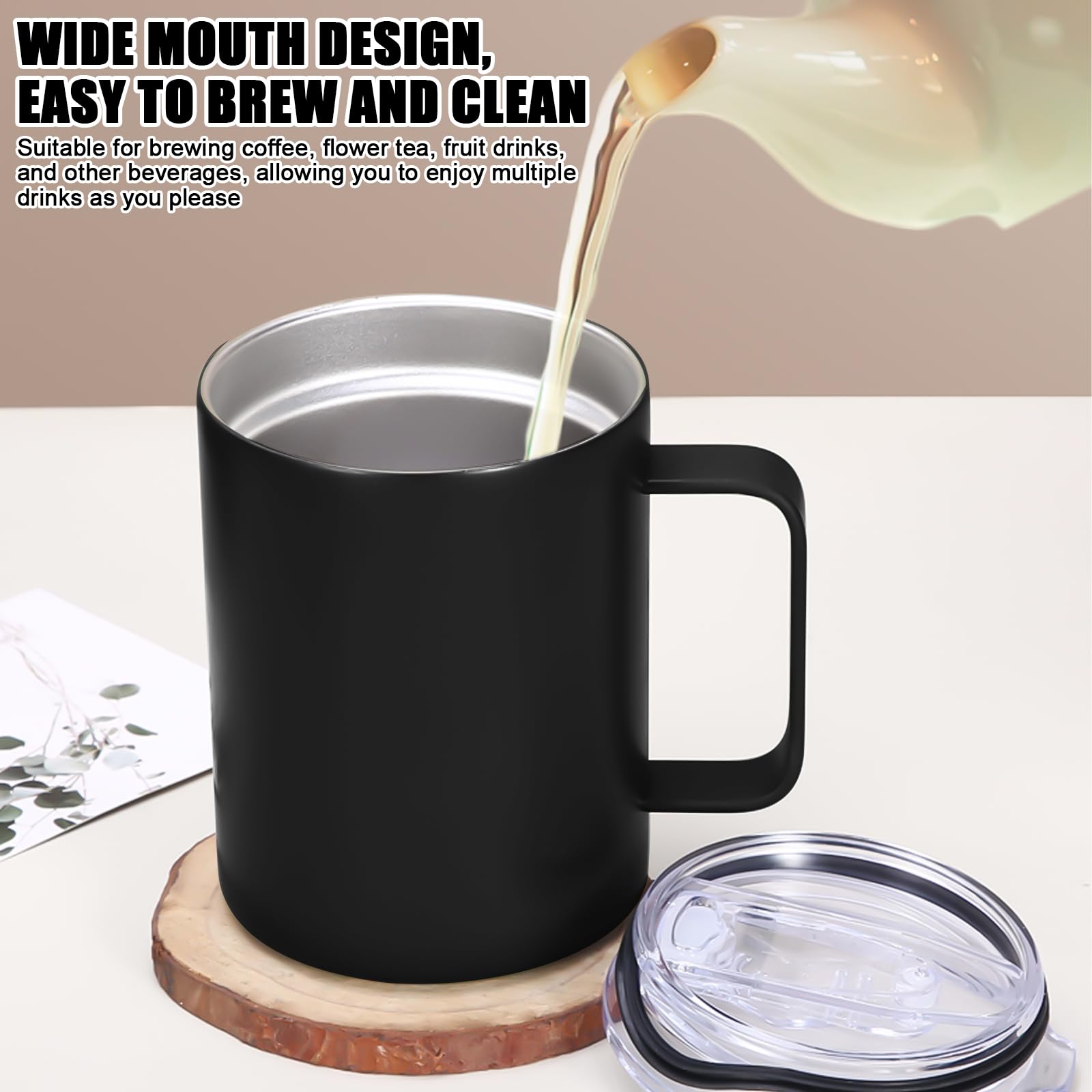 Set di 2 tazze termiche in acciaio inox, 350 ml: tazze da caffè isolate a doppia parete con manico, senza BPA, infrangibili, per campeggio, attività all'aperto, ufficio e viaggi (nero)