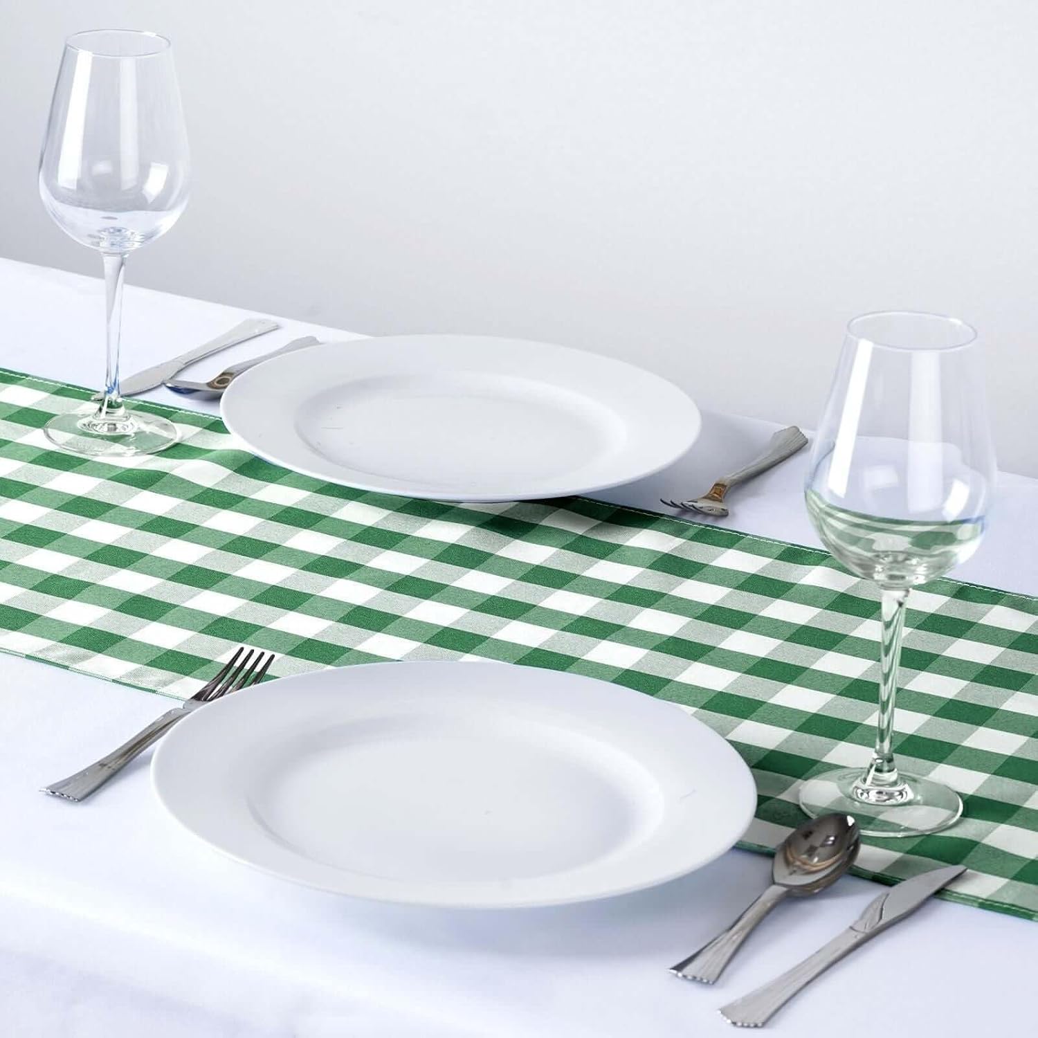 Efavormart Wholesale Gingham Checkered Polyester Dinner Table Top Wedding Catering Party Runner - White / Green- 14x108