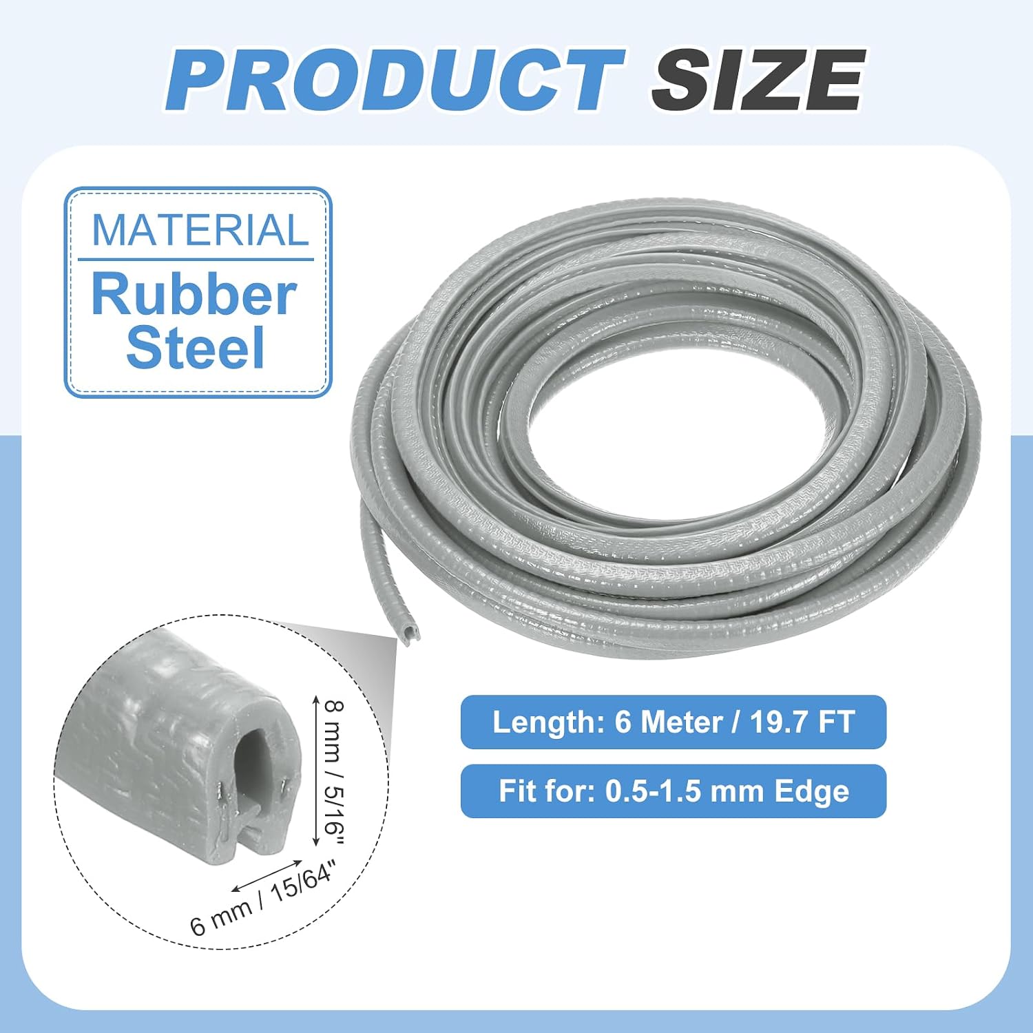 PATIKIL Rubber Edge Trim Guard, 19.7 ft x 5/16" x 15/64" U Channel Edge Protector Seal Strip with Metal Clips Fit for 0.5-1.5mm Edge for Car Door Sheet Metal Hatches Table Corners, Gray