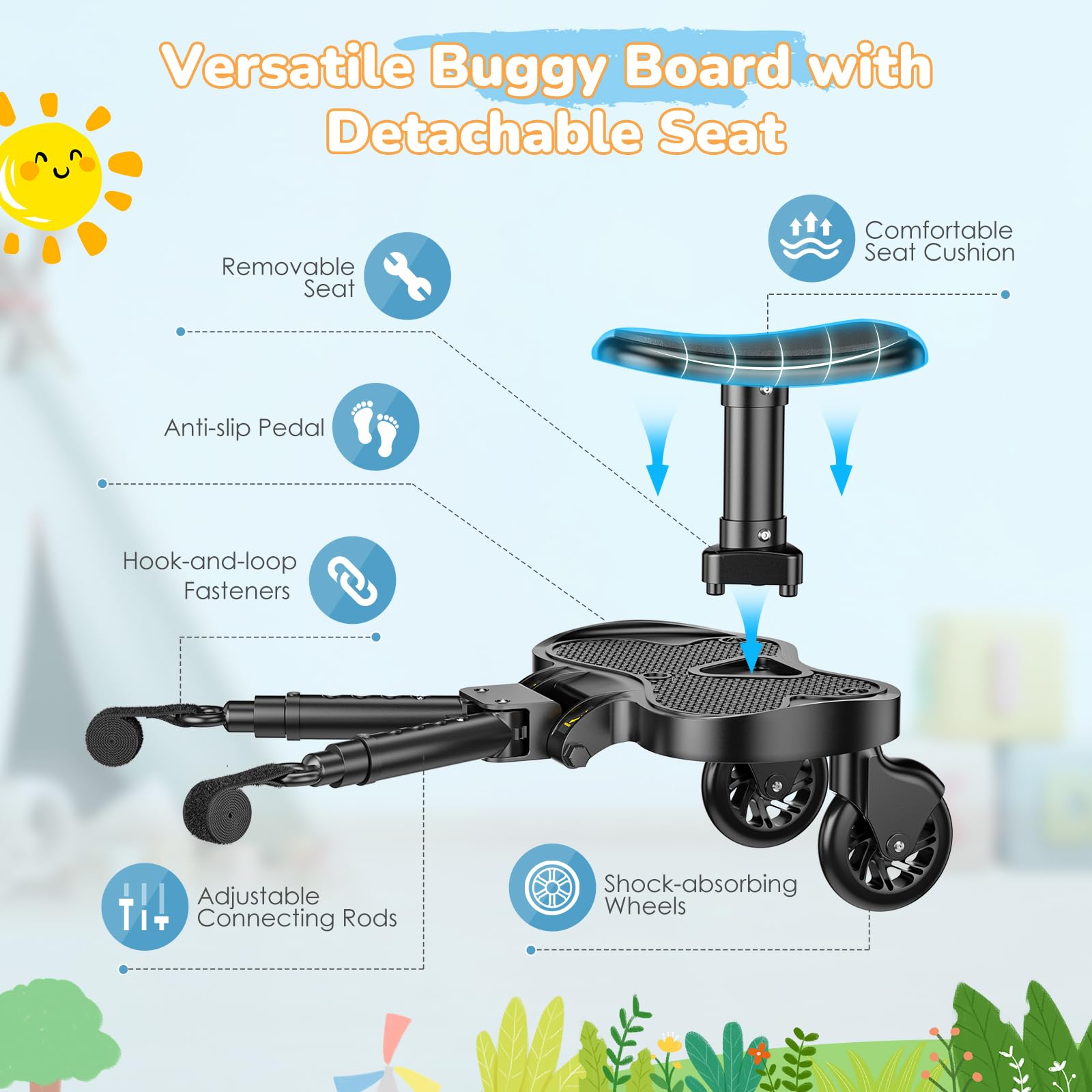 Buggy Board mit Größerem Sitz, Trittbrett für Kinderwagen Universal für Kinder von 2-6 Jahren(25KG), passt auf 99% aller Kinderwagen, einfache Installation, für Familien mit zwei Kindern