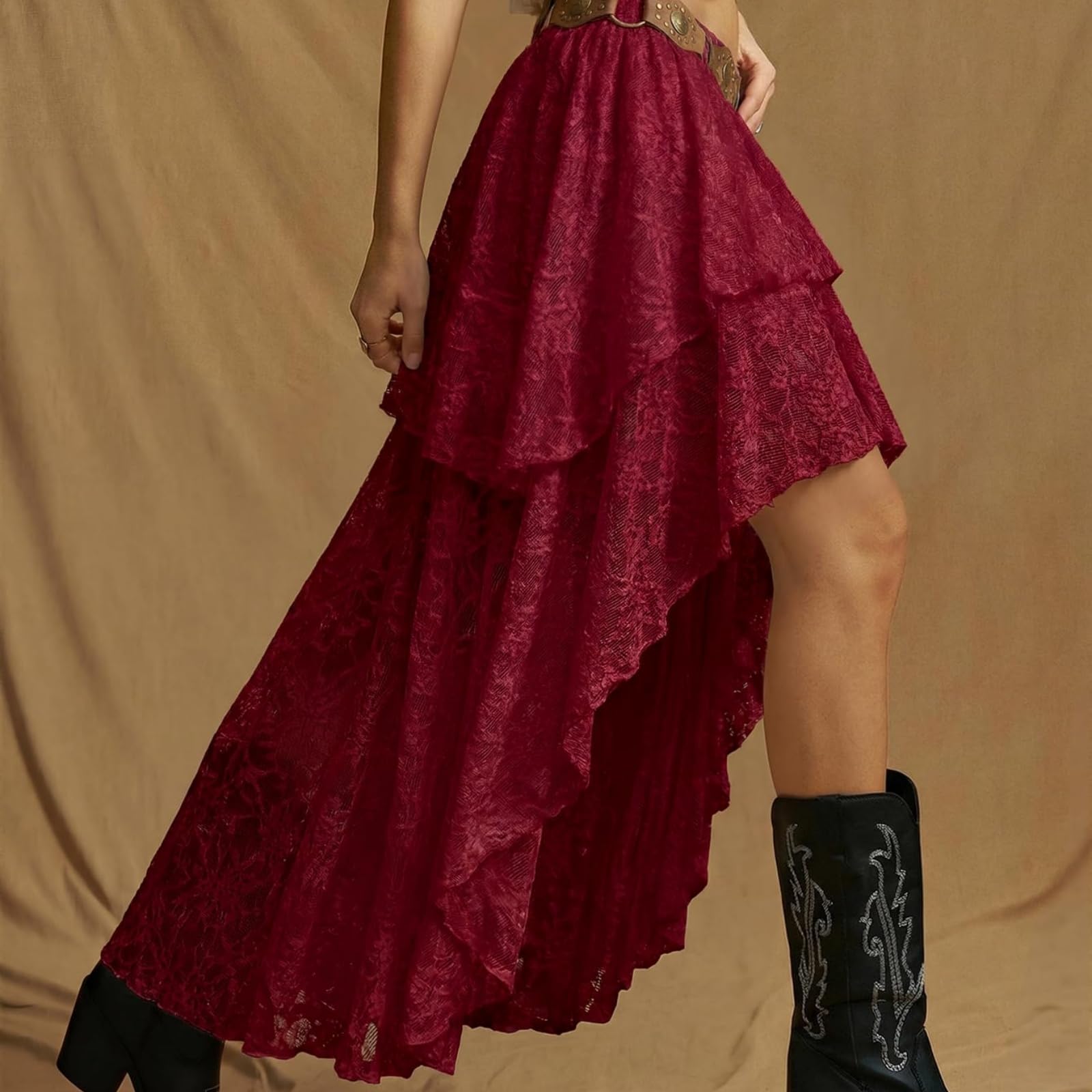 Générique Jupe Longue à Volants en Dentelle et Tulle superposés pour Femme, Coupe trapèze, Style bohème, Ourlet Tendance, idéale pour Les Sorties. (Burgundy,Grand)