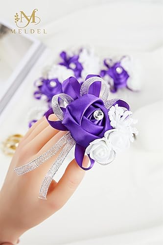 Miniatura 3 de Meldel Ramillete de muñeca artificial para novia, dama de honor, boda, 4 unidades, rosa morada, novia y novio para madre, muñeca, mano, niña,