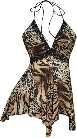 BEAUDRM Womens Leopard Halter Top Y2k Vintage Cheetah Flowy Tie Backless Asymmetrical Tops Party Club Going Out Outfits