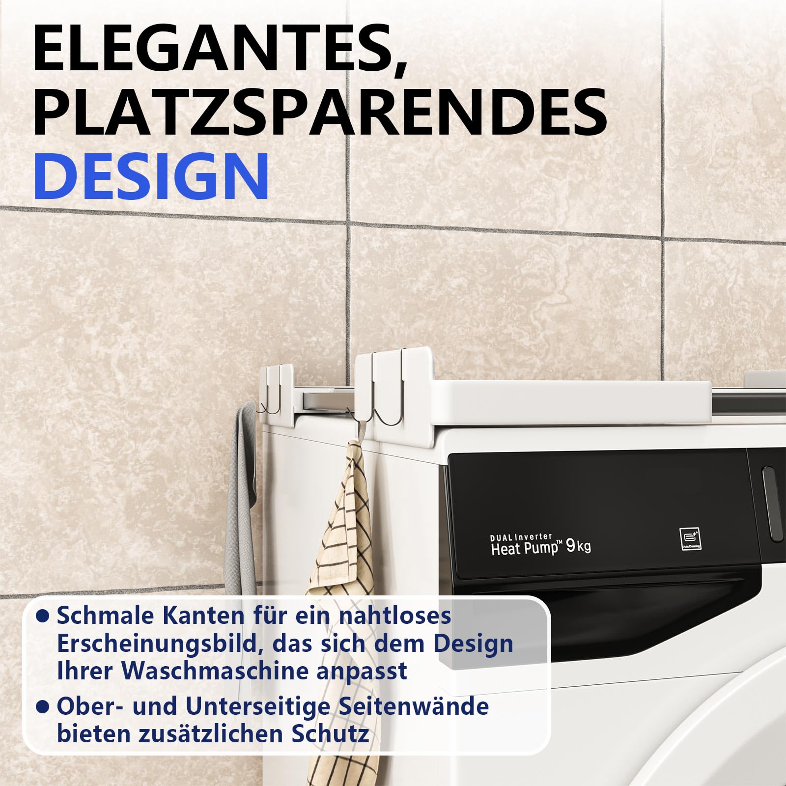 Slimline Waschtrockner-Stapelset, universeller ultradünner Rahmen für 45–68 cm Geräte, platzsparendes Design mit leichtem Aluminium-Ratschenriemen und 4 Multifunktionshaken (weiß)