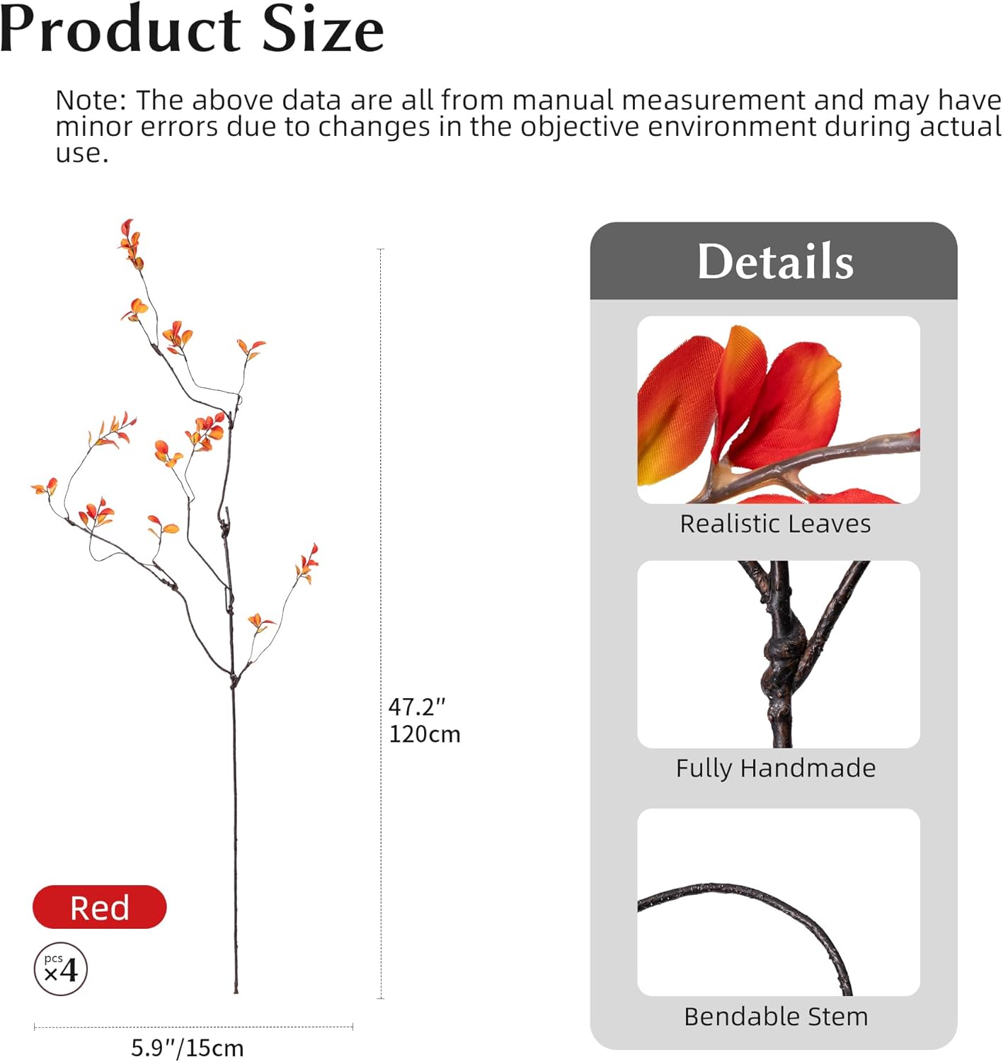 Artificial Ficus Branches 47.2" Artificial Eucalyptus Stems Fake Ficus Branches Faux Plants Greenery Leaves Filler Vase for Home Decor Green Twig Leaf Office Wedding Decoration 4PCS Orange
