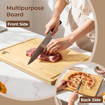Piklohas Large Bamboo Cutting Boards Set of 4 for Kitchen, Bamboo Charcuterie Chopping Board with Holder Non Slip, Steak Serving Tray with Juice Groove, Big Butcher Block for Cheese, Ideal for Gift