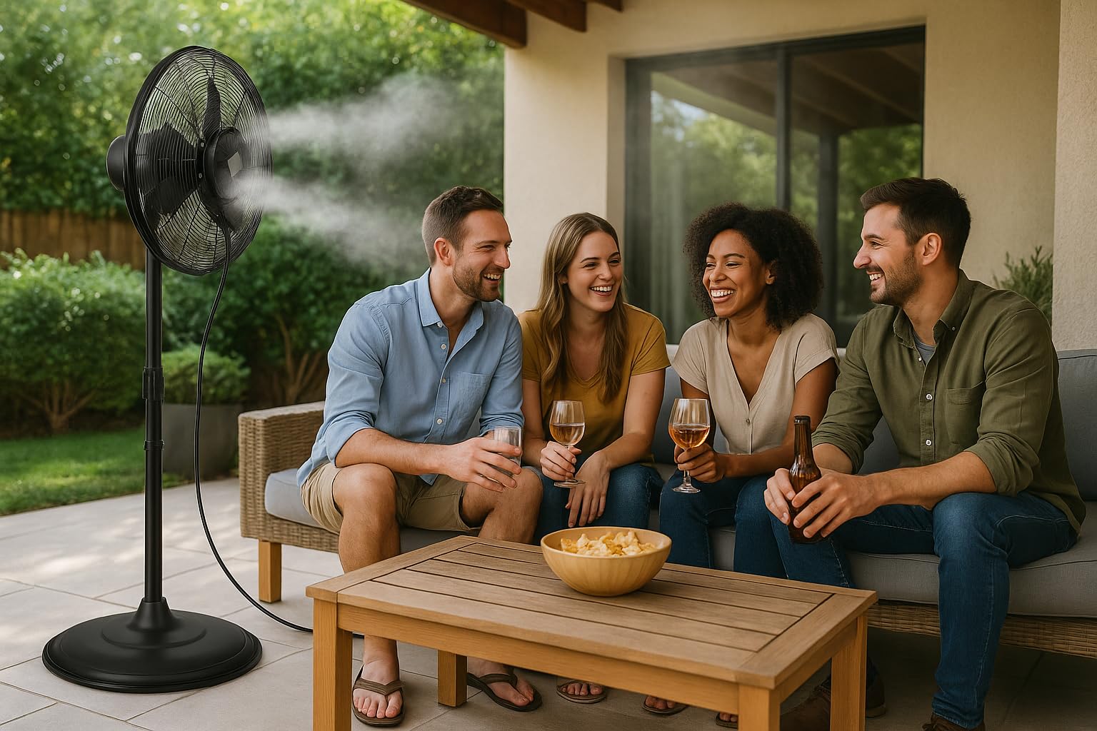 O'FRESH Ventilatore nebulizzatore per esterni - Ventilatore a piantana da 145 cm + nebulizzazione - Rinfresca efficacemente l'ambiente esterno - Respinge le zanzare - Riduce la polvere e i pollini