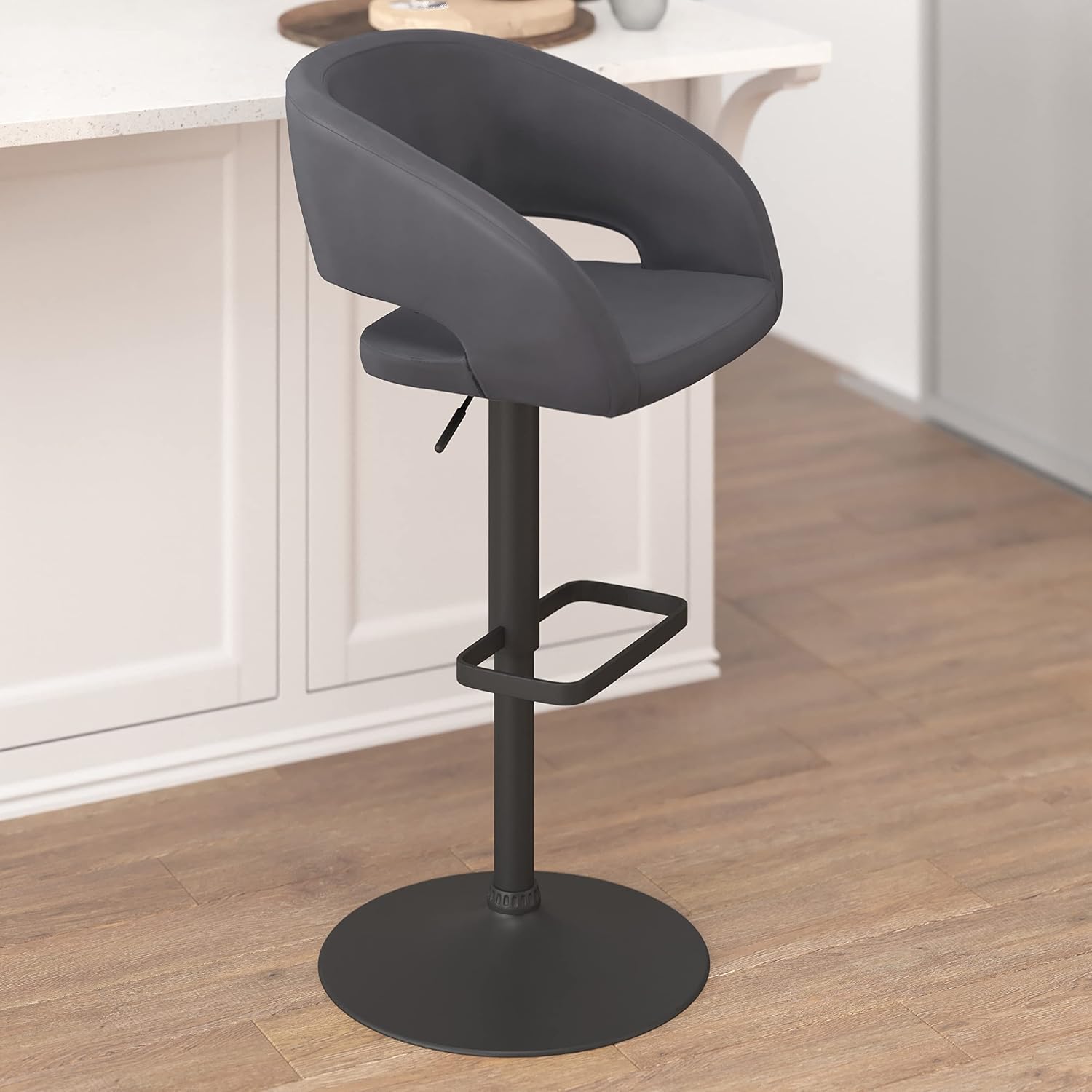 EMMA + OLIVER Shae Adjustable Height Barstool - Gray Vinyl Upholstery - Rounded Cutout Mid-Back - Foam Padding - Swivel Seat - Black Pedestal Base