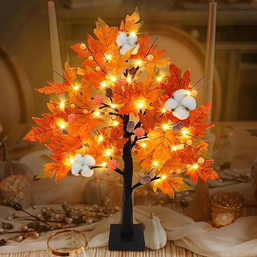 Temporizador de 24 pulgadas iluminado árbol de arce de otoño, decoración de otoño, 24 LED, funciona con pilas, árbol de otoño artificial con luces,