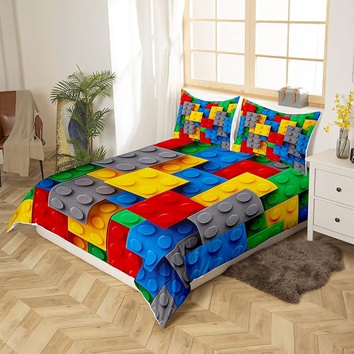Miniatura 2 de Erosebridal Juego de ropa de cama individual de construcción para niños, funda de edredón colorida con bloques de construcción 3D, juego de cama de