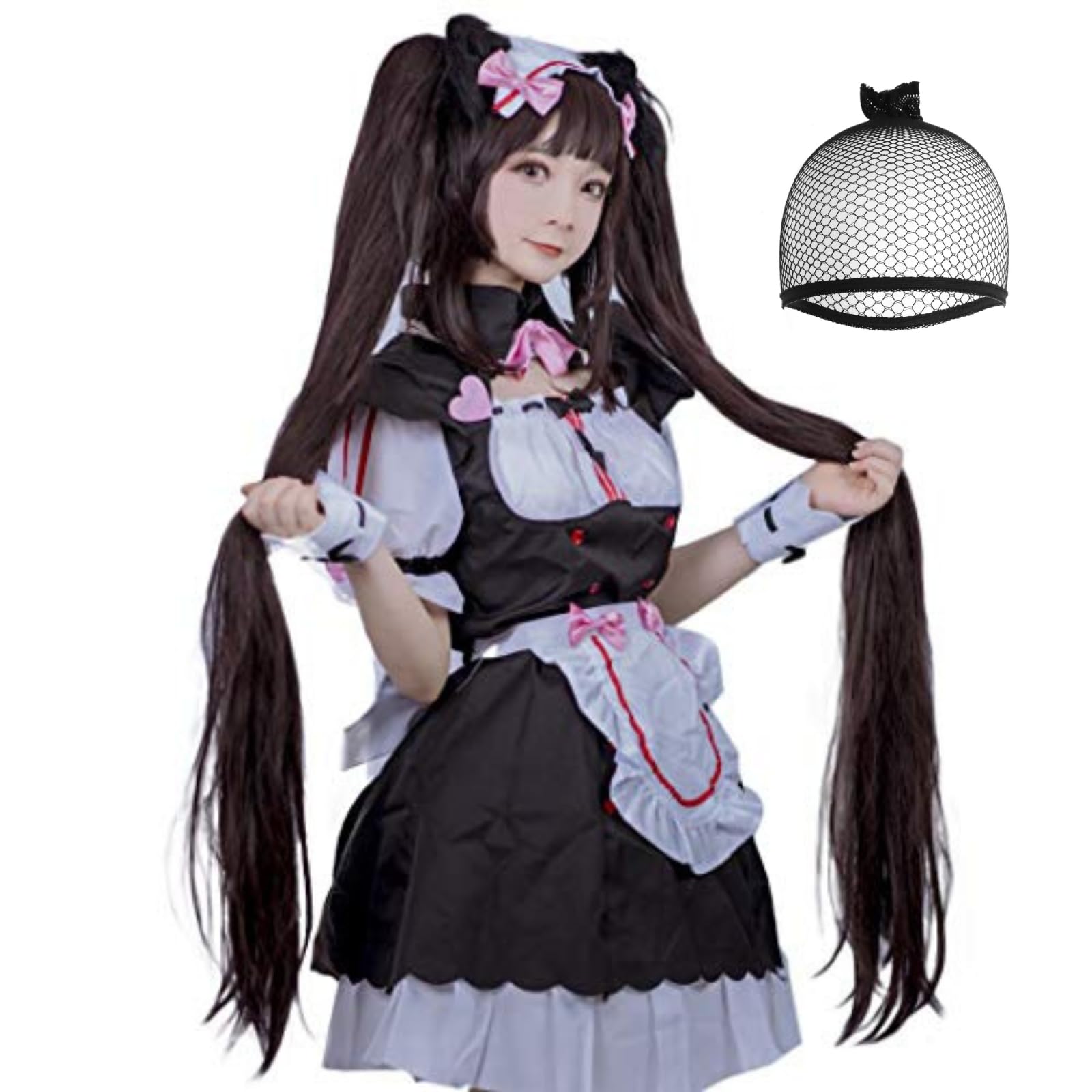 JoneTing Chocolate Color Cosplay Wig【+Hair Cap】 Synthetic Long Natural Wavy Wigs Hair for Women Peluca de Chocolate Princess Ponytail Wig for Halloween Party Dark Brown Wigs for Girls Costume